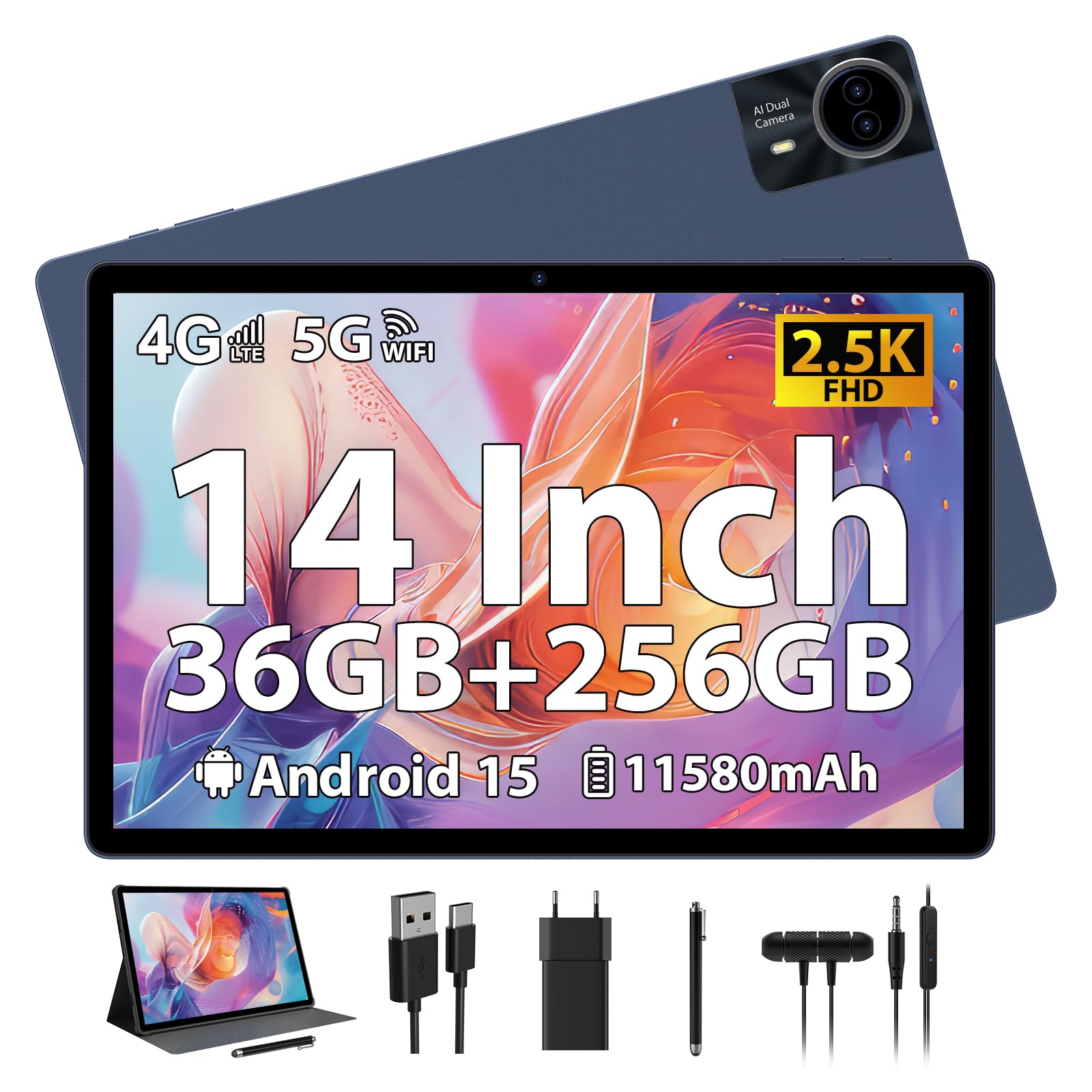 RUSHAR Tablet Android 15 con 4G LTE/SIM, Tablet 14 Pollici, 36GB RAM +256GB ROM (1TB TF), 5G WiFi/11580mAh/INCEL 2240x1400/Octa-Core/13MP+8MP/Face ID/BT 5.0/GPS/18W, Tablets in offerta con Fondina,Blu