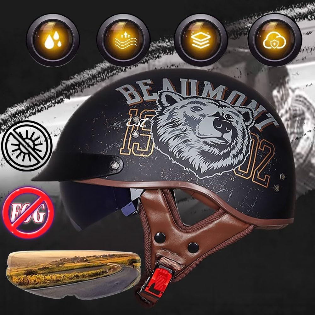 Bols Demi-Casque Jet Vintage Rétro ECE Homologué Casque Ouvert De Moto pour Hommes Et Femmes Casquette Unisexe pour Vélo Scooter ATV UTV Skateboard Black M~XXL