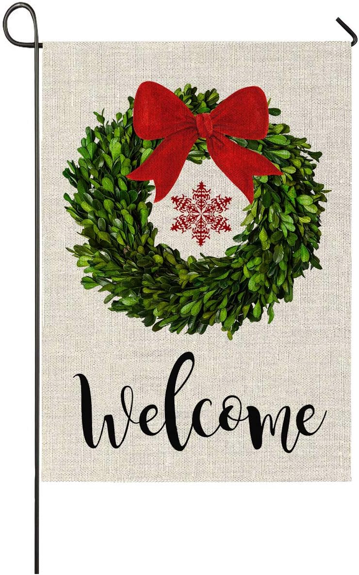 Faromily Welcome Boxwood Wreath Garden Flag Vertical Double Sided Farmhouse Christmas Burlap Garden Yard Lawn Outdoor Decoration 12.5 x 18 Inch（Welcome Christmas）