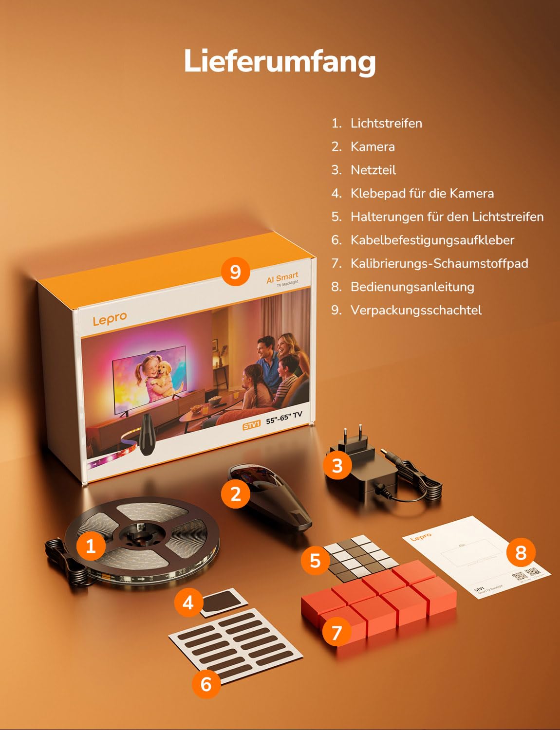 Lepro STV1 AI Smart TV Hintergrundbeleuchtung 3.6M für 55-65 Zoll TVs | LED Streifen mit Kamera, Geringe Latenz/Musiksynchronisation/Sprach und App-Steuerung RGBIC mit Ultraweitwinkelobjektiv