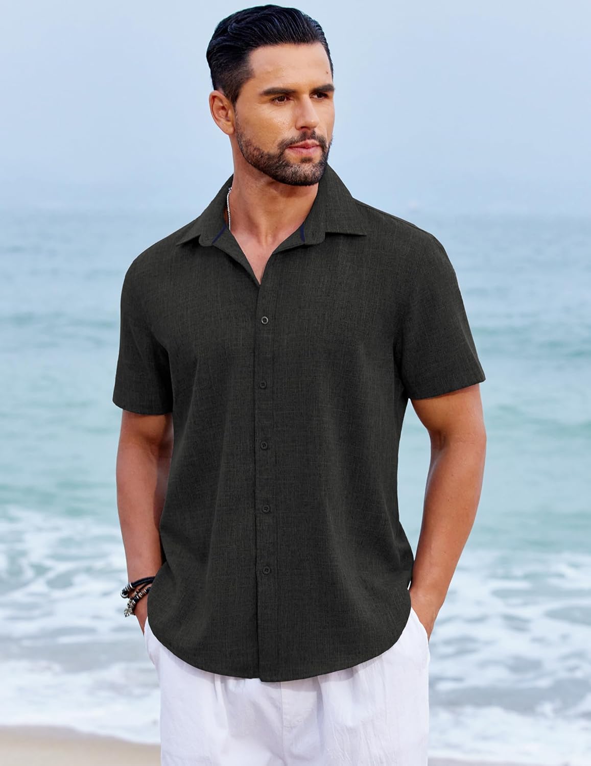 COOFANDY Men's Beach Summer Shirts Linen Texture Shirts Short Sleeve Casual Button Down Shirt - Image 3