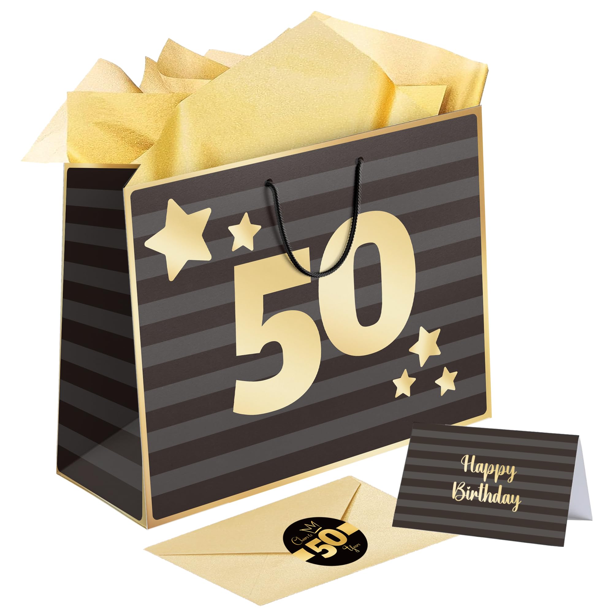 Sumerk 13" Large Gift Bag Set, Black Gold 50th Birthday Gift Bag, 3 PCS Gold Tissue Wrapping Paper, 2 PCS 50th Stickers, Birthday Card with Envelope — image 1