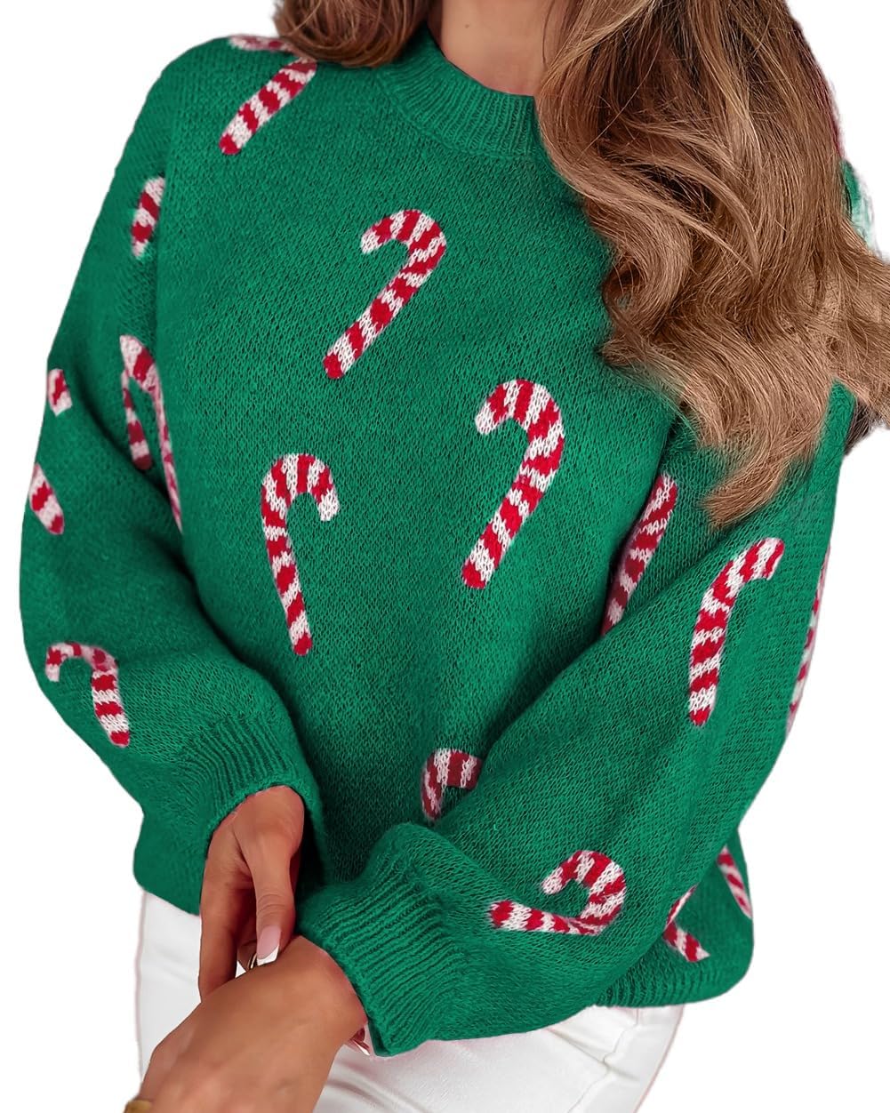 Apvirdy Candy Cane Sweater for Women Ribbed Trim Drop Shoulder Christmas Sweater Crewneck Long Sleeve Holiday Sweaters