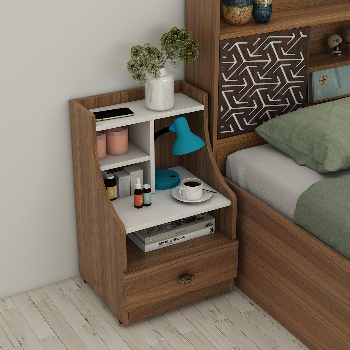 Winslet Engineered Wood Bedside Table with Drawer Storage | Exotic Teak Finish | Matte | Compact & Stylish Nightstand | Durable Particle Board | 3-Year Warranty