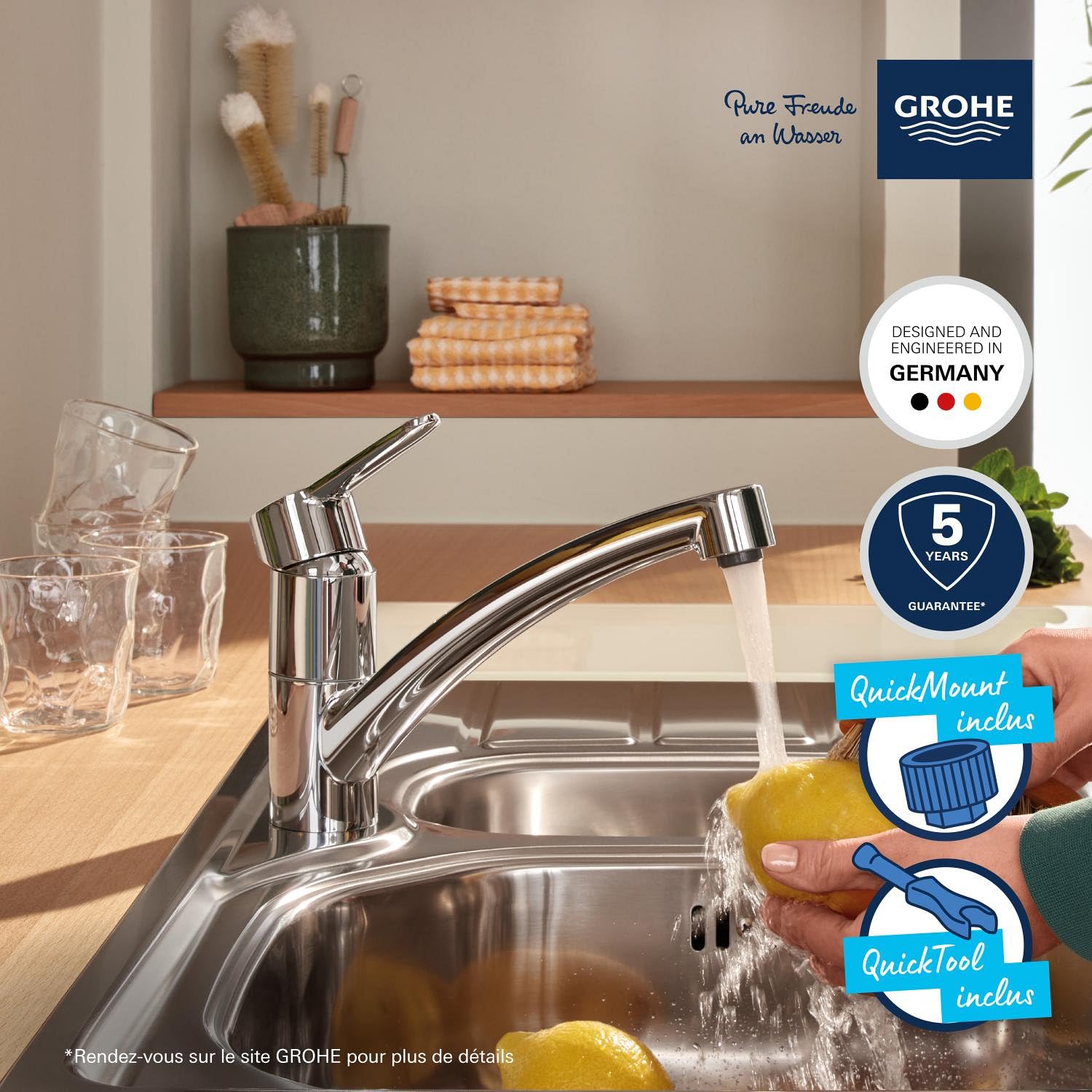GROHE StartEco Mitigeur Monocommande Évier, Robinet Cuisine, Bec Bas, Rotation 140°, Chromé