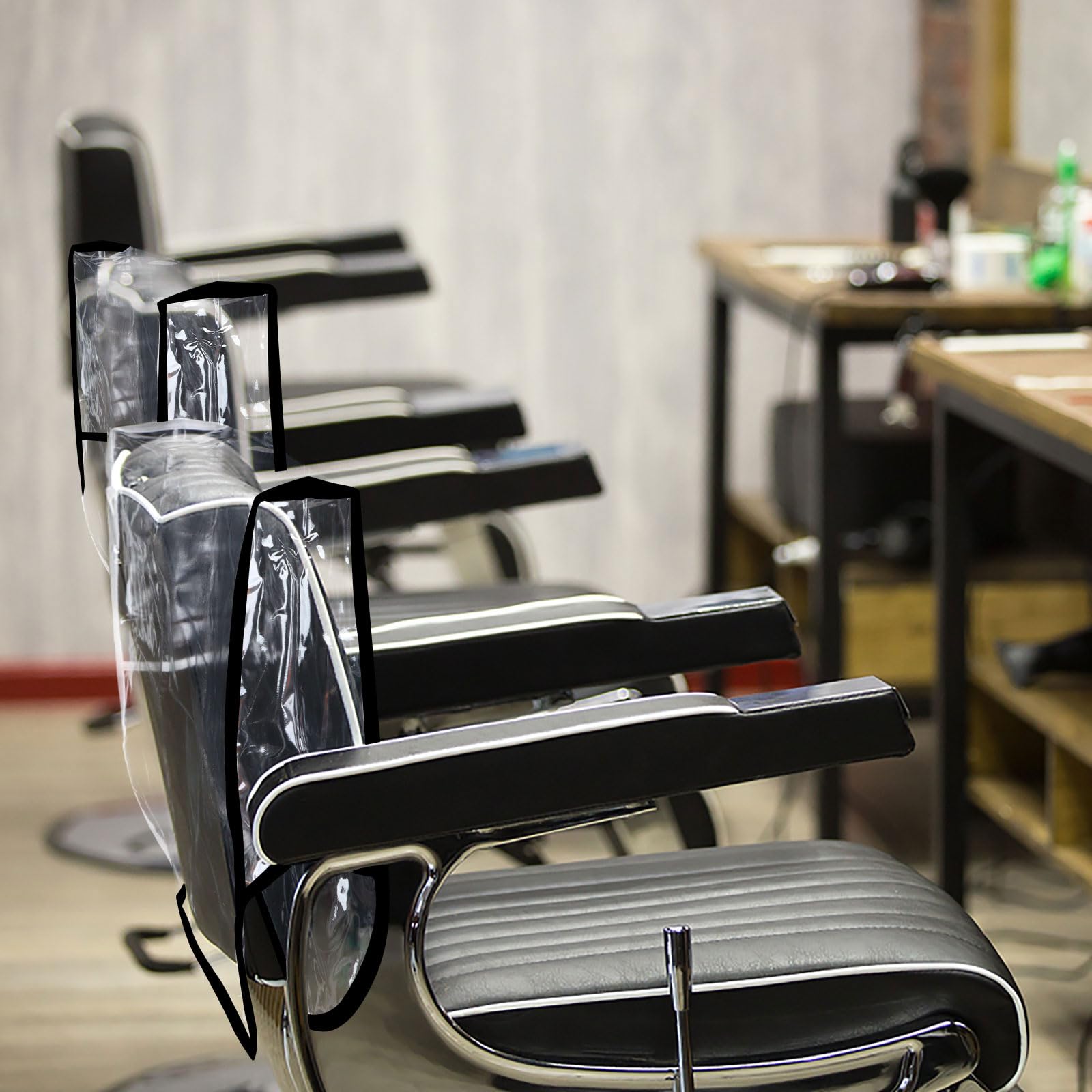 5 fundas para respaldo de silla de salón de gran tamaño de 20.1 x 15.7 x 4.7 pulgadas, plástico transparente con borde negro, evita daños a las sillas de spa, se adapta a sillas de peluquería 6