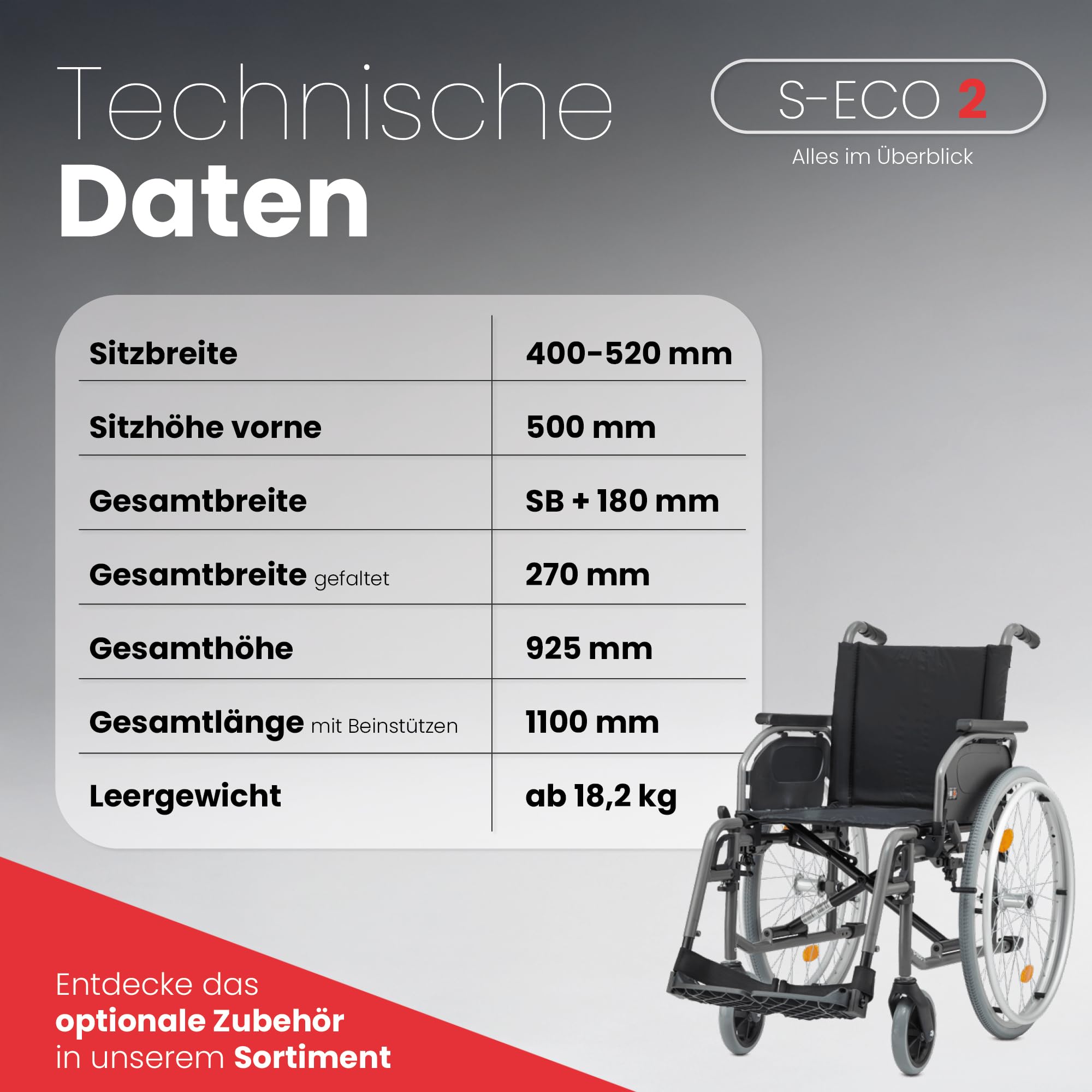Bischoff & Bischoff® S-Eco 2 Rollstuhl faltbar leicht [52cm Sitzbreite] fixe Sitzhöhe - Klappbarer Reiserollstuhl, Kunststoff-Gabel, Duo-Armlehnen, Wohnung & Unterwegs