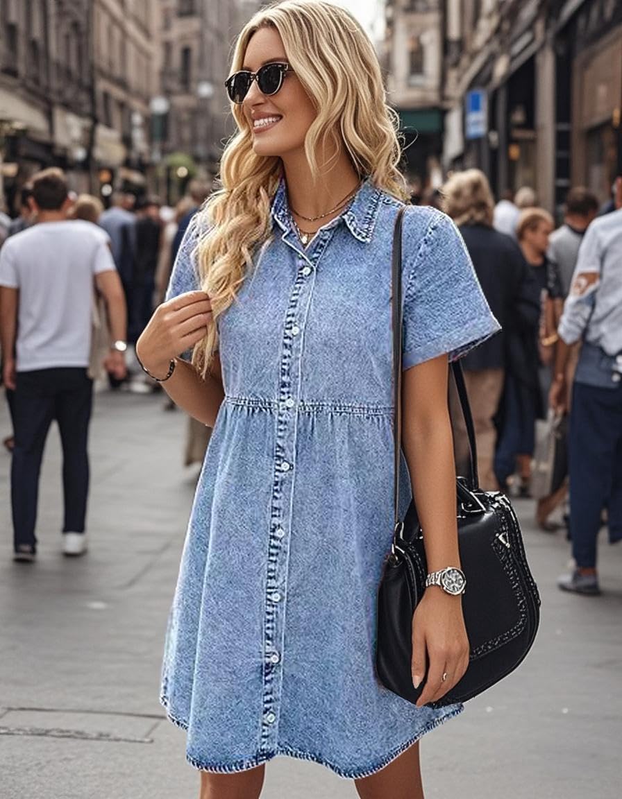 Womens Denim Dress Casual Short Sleeve Button Down Loose Jean Shirt Dresse for Most Casual Daily Wear, Home or Office, Beach Holiday Wear in Spring, Summer and Falll (Size M) Blue - Image 3