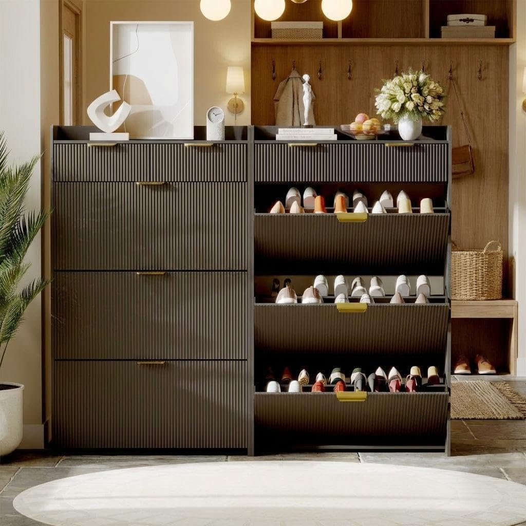 IDEALHOUSE Modern Natural Shoe Cabinet with 3 Flip Drawers & 2 Small Drawers & Hook, Slim Fluted Shoe Storage Organizer, Narrow Entryway Cabinet for Apartment, Hallway, Entrance ((Black Color))