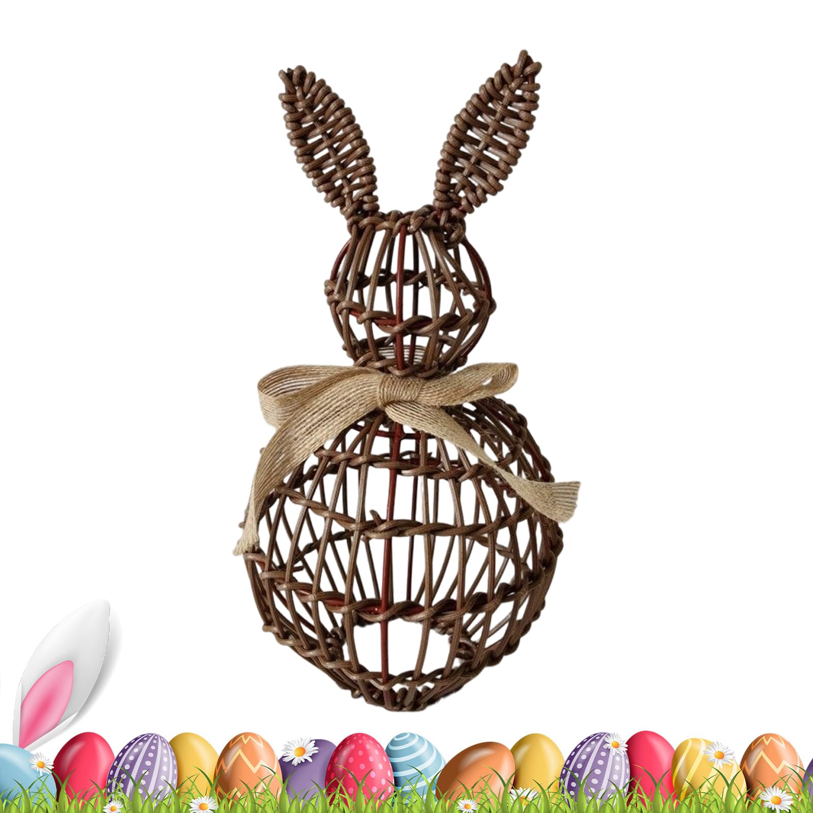Décorations de Pâques Lapin en rotin tressé avec nœud élégant pour intérieur