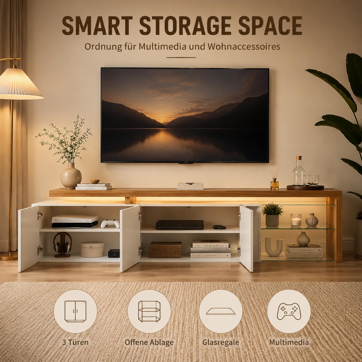 Niska szafka pod telewizor 200 cm z diodami LED, wysoki połysk, imitacja drewna, szklane półki | 3 drzwi, otwarta półka, 7 kolorów LED za pomocą pilota zdalnego sterowania, 200 x 42 x 39 cm, płyta wiórowa