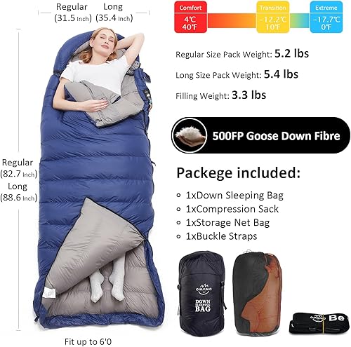 Miniatura 3 de Saco de dormir de plumón de 0 a 20 grados F para adultos, sobre de 4 estaciones con agujeros para los brazos, portátil para mochileros y