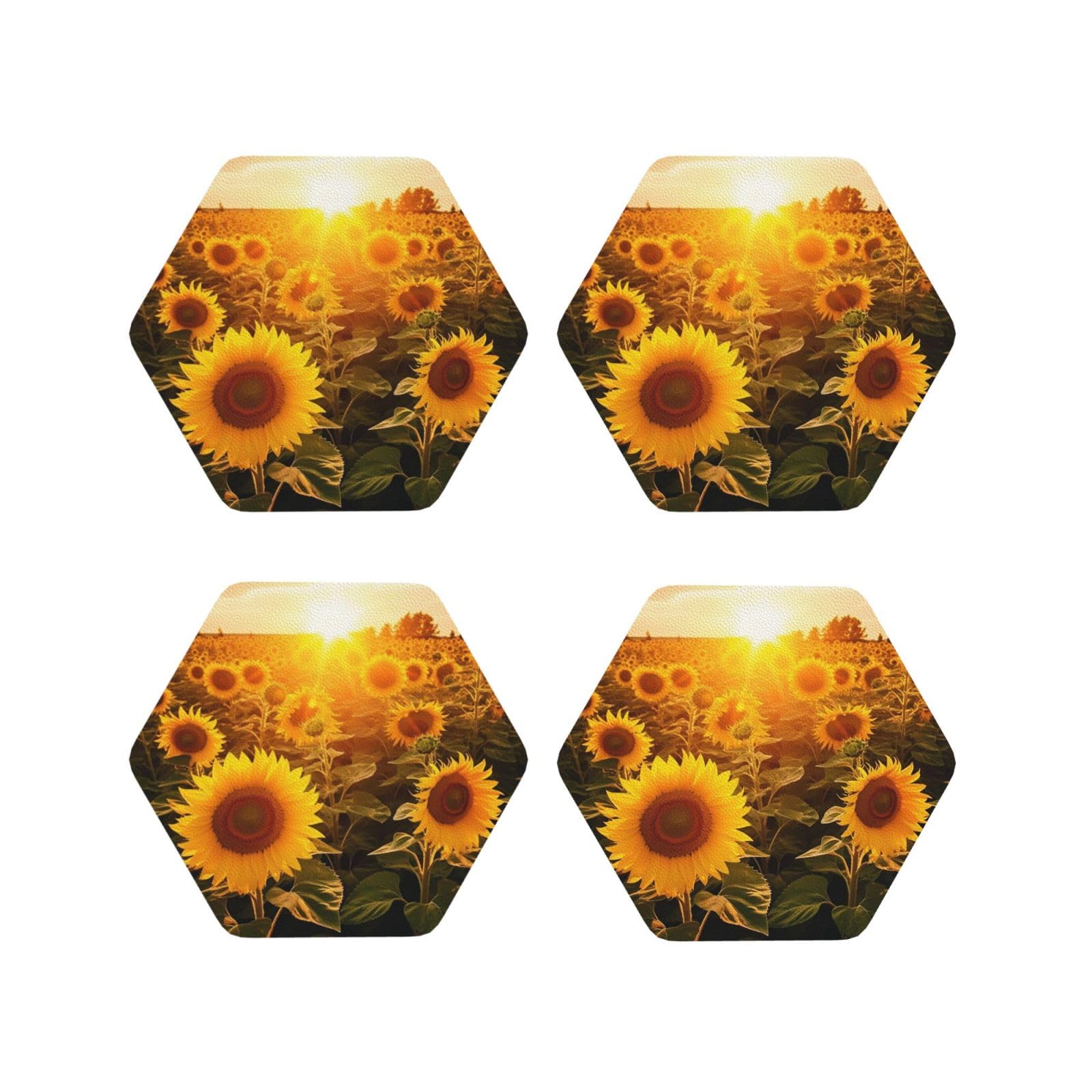 4Pcs PU Leather Coaster for Drinks, Sunshine Sunflower Field Cup Coastersr 4" Cup Mat Pad, Aesthetic Drink Coasters for Coffee Table, Hexagon Coaster for Tabletop Protection