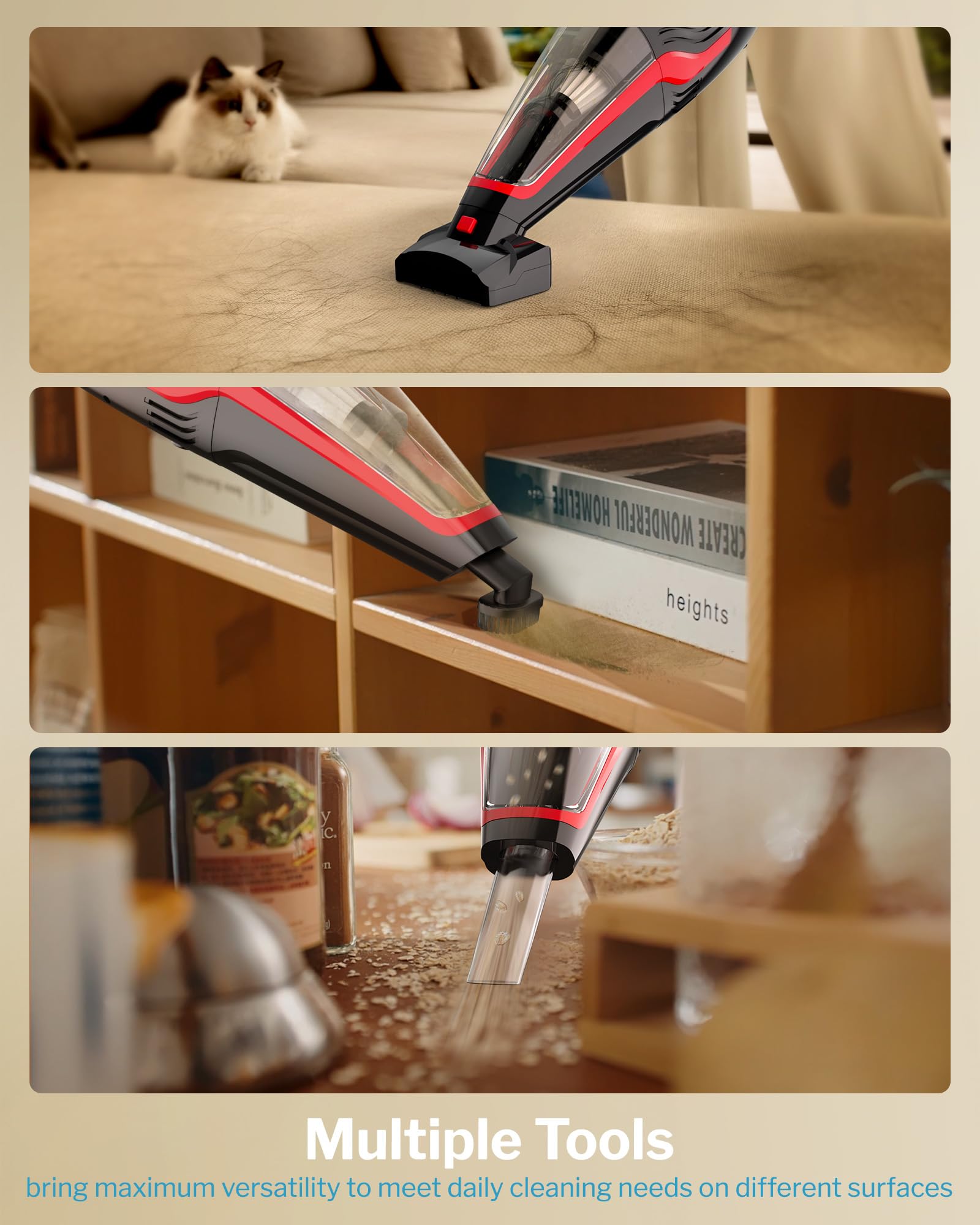 Pet Hair Handheld Vacuum Cordless, Car Vacuum Rechargeable with Reusable Filters, Motorized Brush and Multi-Accessories for Carpet, Couch & Stairs, Red, 17.0"X 4.6"X 6.6" - image 4