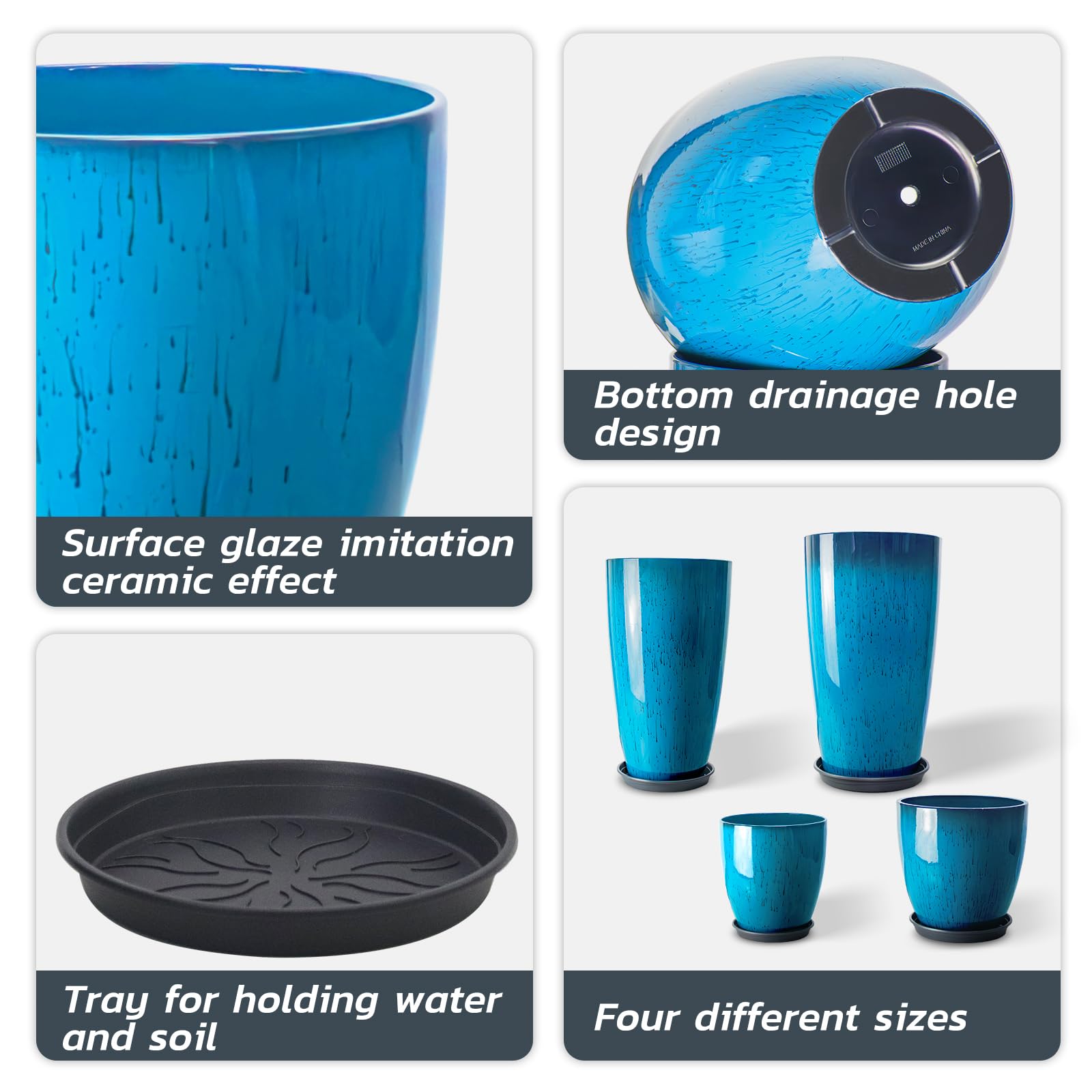 ZMTECH Lot de 4 grands pots de fleurs en plastique avec trou de drainage et soucoupe pour intérieur/extérieur, bleu brillant dégradé pour porche, terrasse, jardin
