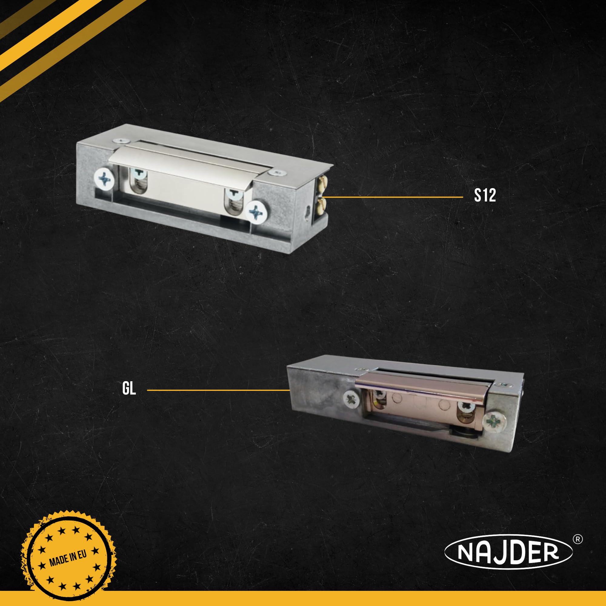 NAJDER Elektrischer Türöffner, Hartte, S12-Serie 12 V DC, Reversibel, R-4, für Linke und rechte Türen, symmetrisch, verstellbare, für Türen (Holz, Metall, PVC), Tore und Schränke, Zuverlässig