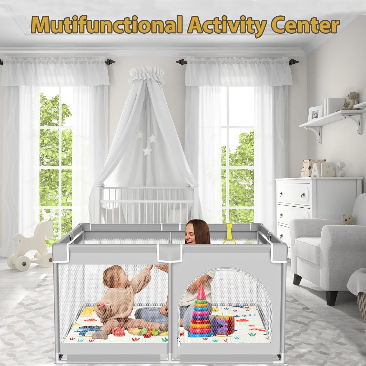 120x120cm Laufstall Baby,Laufgitter Baby Faltbar mit Matratze,Kinder Laufgitter mit Spielmatte 4 Saugnäpfen, Schaum Matte,Atmungsaktivem Mesh Reißverschlusstür