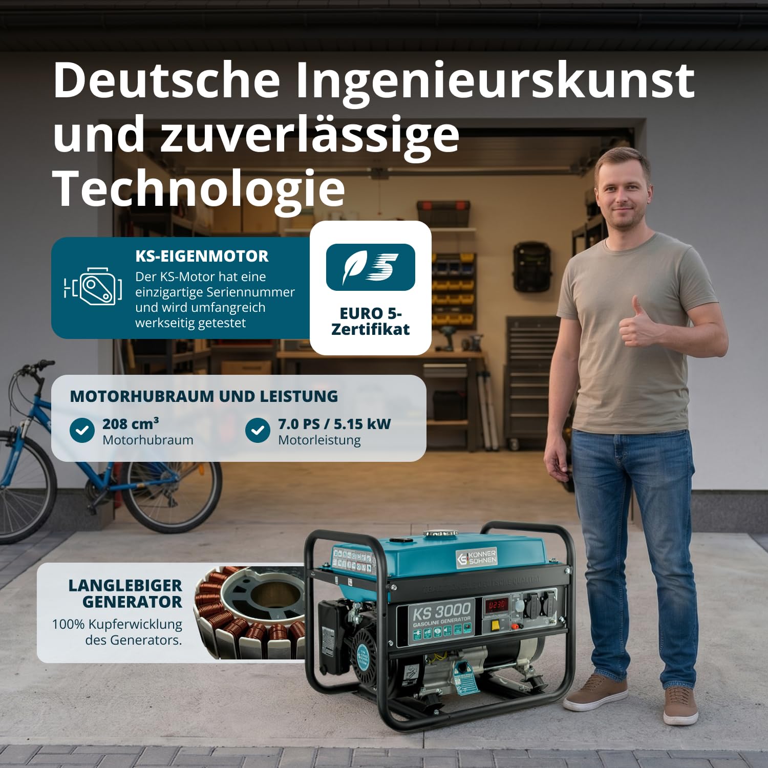 Könner & Söhnen KS 3000 Stromerzeuger,7 PS 4-Takt Benzinmotor, strom generator 3000 Watt,16A,230V Generator, Garage oder Camping Blau3