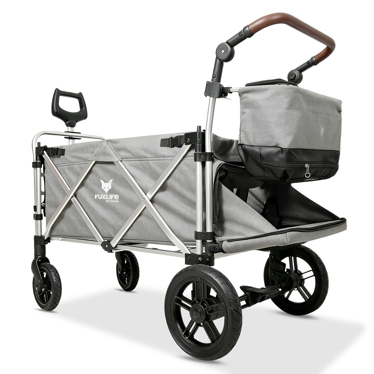 FUXLIFE Chariot Pliable Enfants FX-CTL950 Gris – Chariot de Transport avec Toit Solaire, Harnais 5 Points, Roues à Suspension