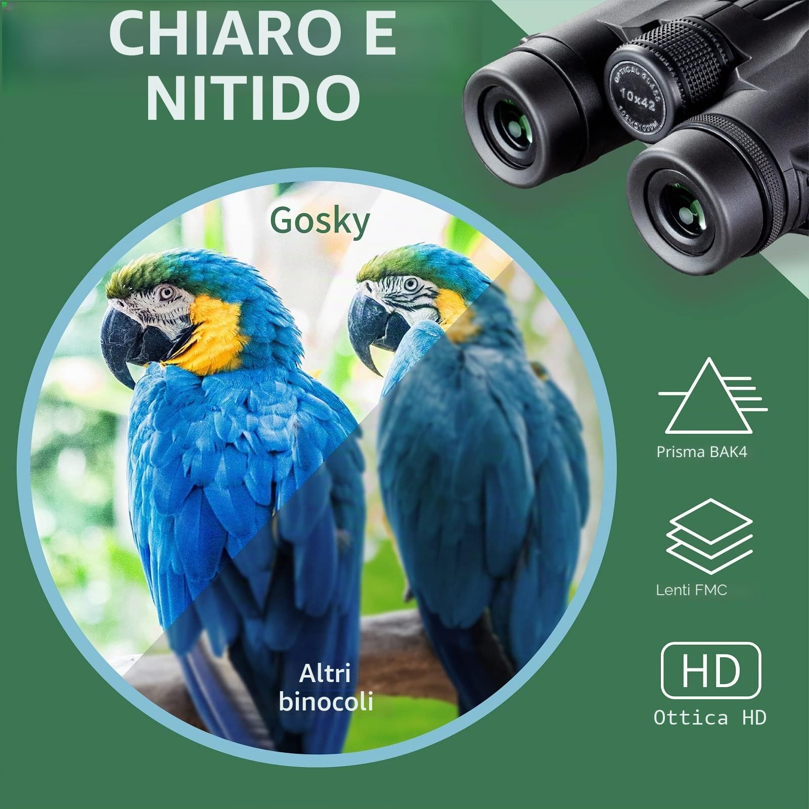 Gosky - Binocolo con prisma a tetto, 10 x 42 per adulti, HD, binocolo professionale per bird watching, viaggi, osservazione delle stelle, caccia, concerti, sport, prisma BAK4, lenti FMC