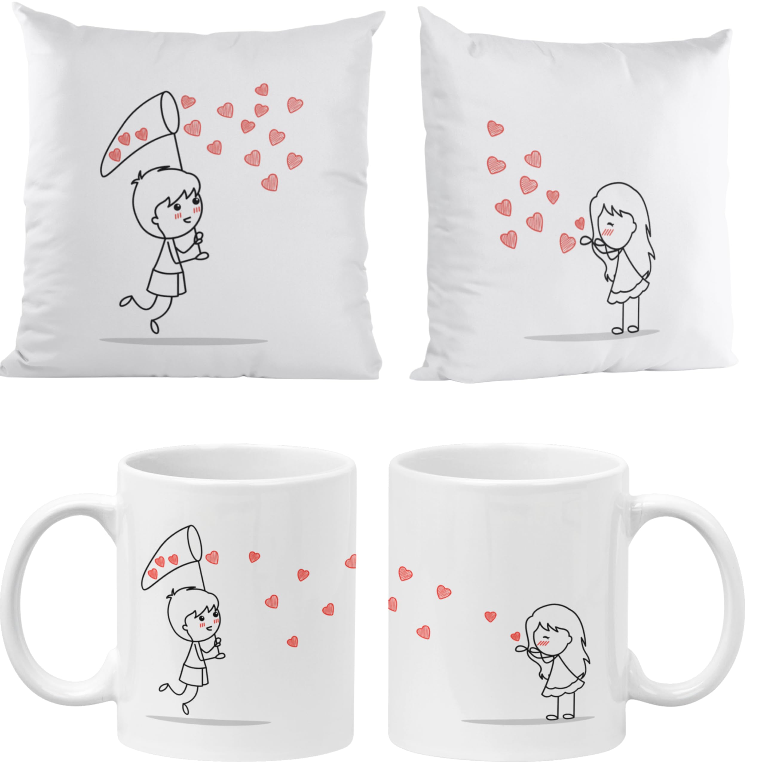 Quodelo Regalos Originales para Parejas, Pack 2 Fundas de Cojín 40*40cm.(Sin Relleno) y 2 Tazas, Ya Sabes qué Regalar a tu Pareja en San Valentín, Bonita Presentación, Regalos de Pareja para Disfrutar