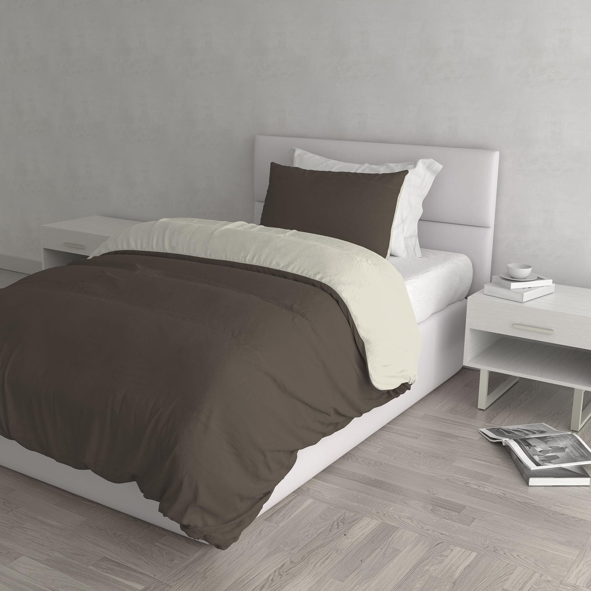 Italian Bed Linen Natural Color Duvet Cover Set with Doubleface Solid Colour Bag Sheet and Pillowcase, 100% Cotton, Brown/Cream, single
