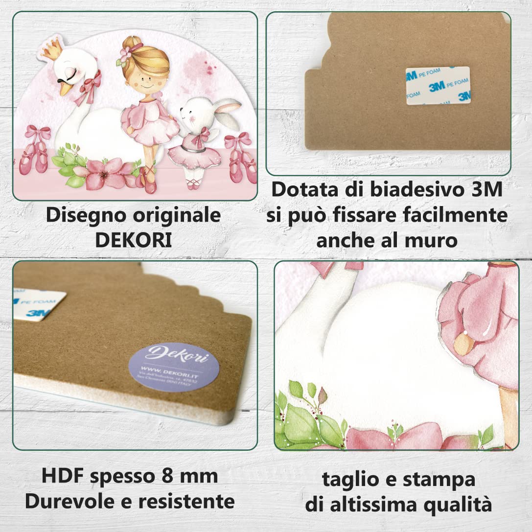 DEKORI Targhetta personalizzabile con nome per la porta, decorazione da parete in legno, sfiziosa idea regalo battesimo Comunione compleanno (Ballerina)