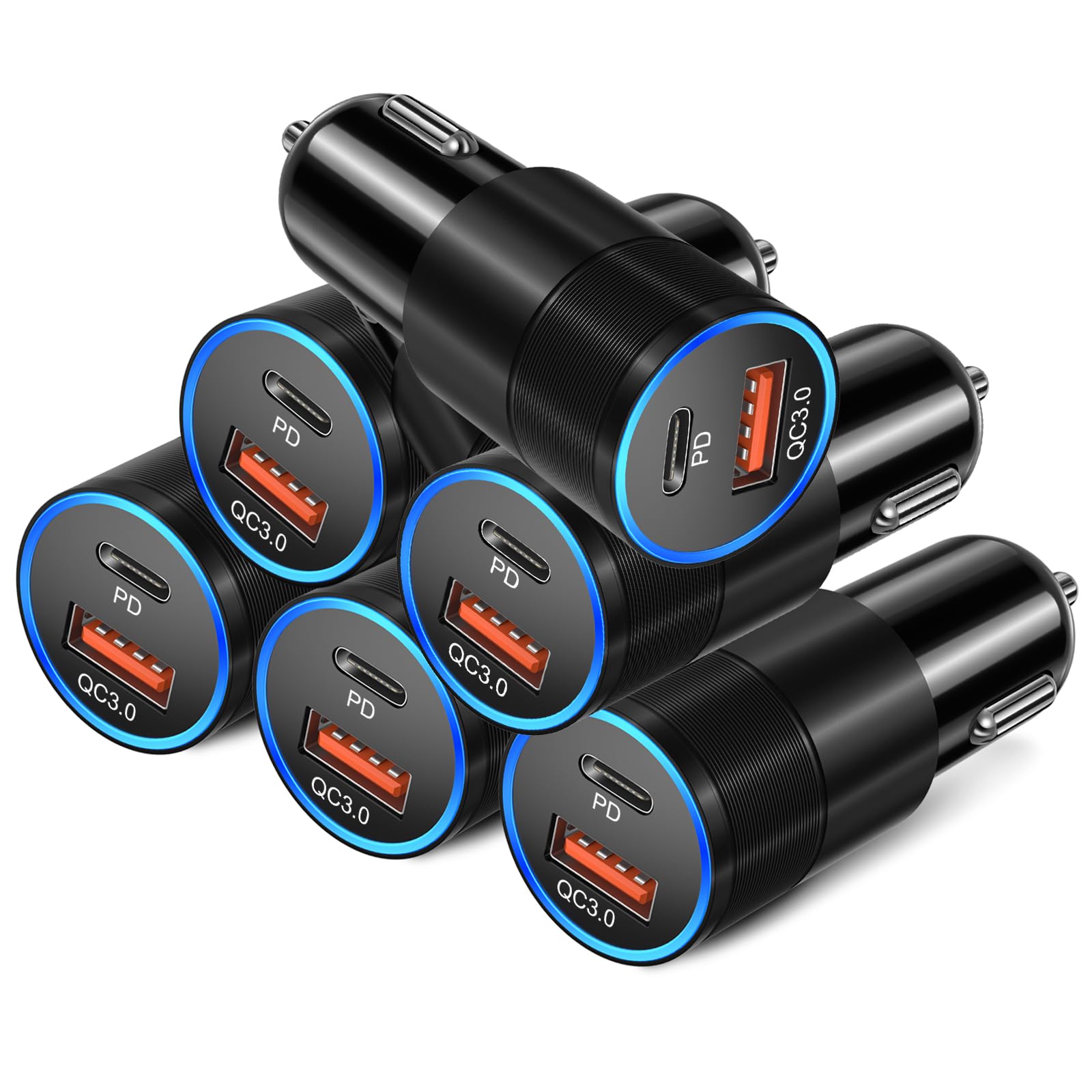 Paquete de 6 cargadores de coche USB C, 38 W, doble 12 V, USB-C y USB-A, cargador de coche multipuerto QC+PD 3.0, adaptador de encendedor de cigarrillos de carga rápida para iPhone 17, 16