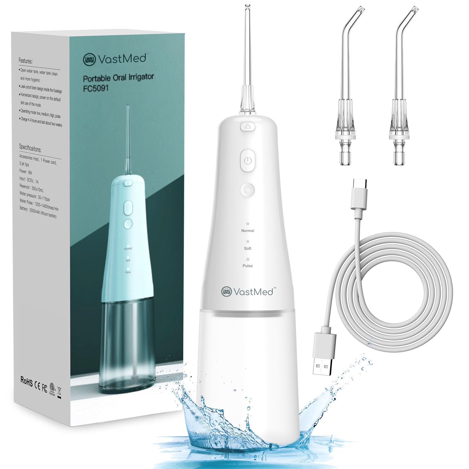 1PC Dental Water Flosser Cordless for Teeth Cleaning IPX7 by VASTMED | 3 Modes Oral Irrigator with 2 Jet Tips 300ML Braces Flossers Cleaner | Portable Waterproof for Home Travel