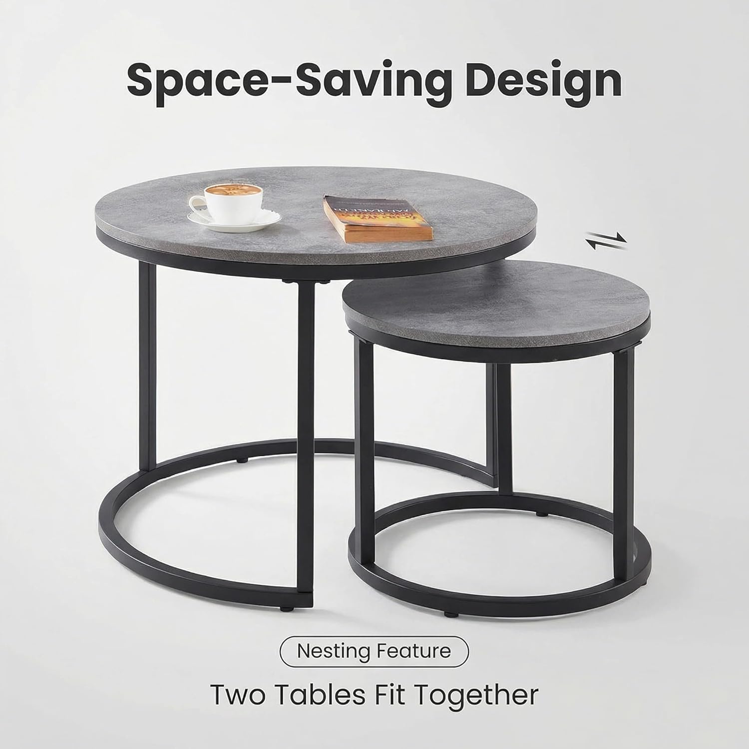 CENSI Round Nesting Coffee Table Set of 2, 24" Industrial Grey Faux Concrete Top, Modern Stacking Side End Tables with Black Metal Frame for Living Room, Small Spaces, Sturdy & Easy Assembly
