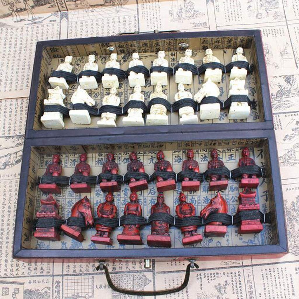 MYBA Scacchiera Scacchi Pieghevole di Legno Scacchi Cinesi Retro Guerrieri di Terracotta di Scacchi di Legno Fa Il Vecchio Intaglio Chessman di Compleanno Regalo di Natale in Resina Regalo