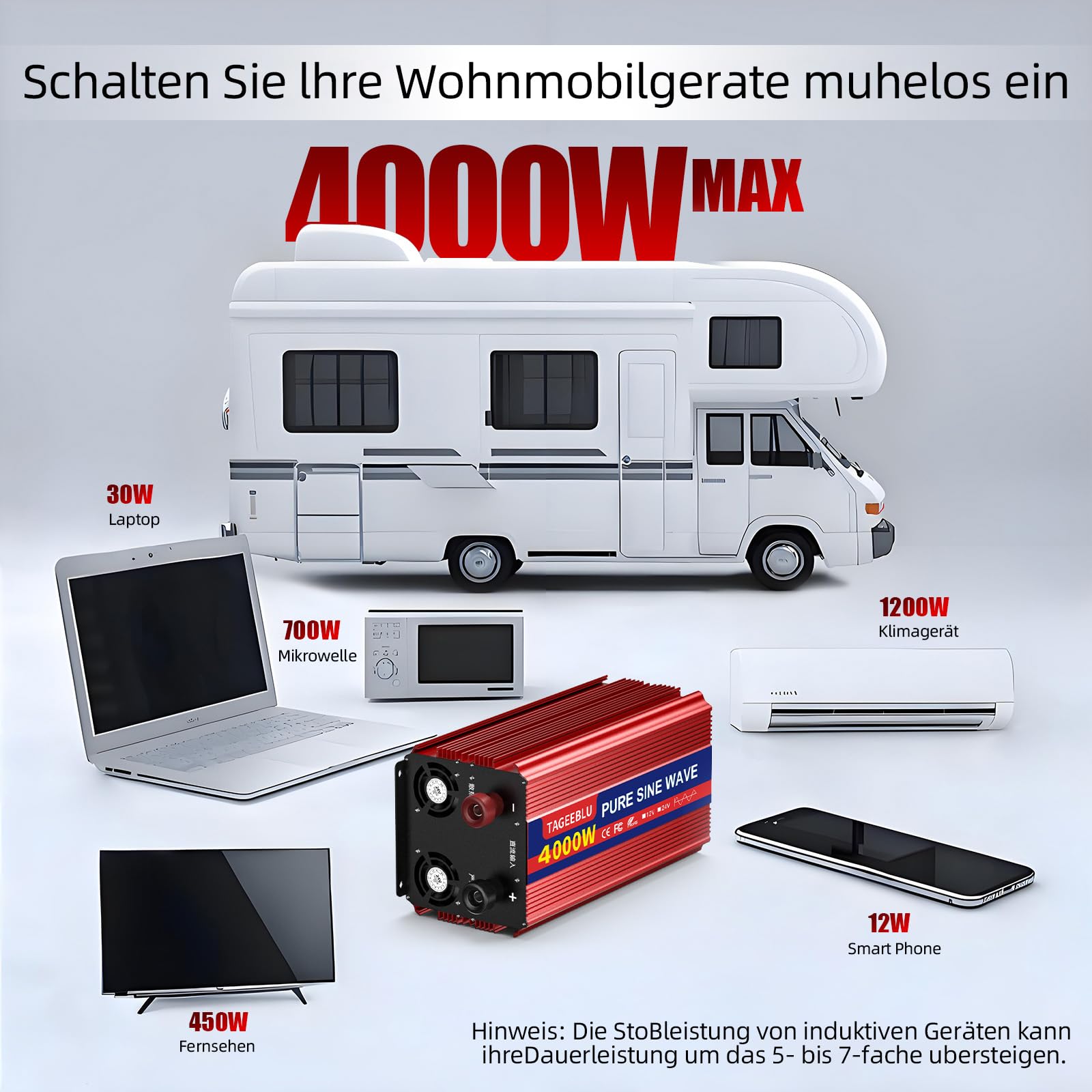4000W 24V wechselrichter 24V auf 230V Reiner Sinus, spannungswandler 24v 230v, Wechselrichter für Fahrzeuge mit Alligatorclip, 2 EU Steckdose und LCD Bildschirm
