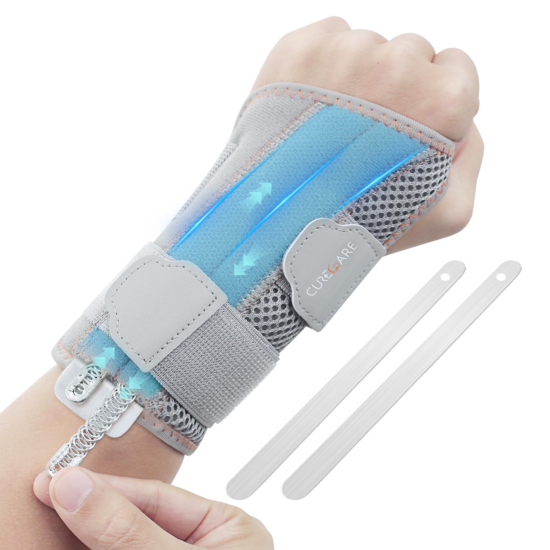 CURECARE 2 in 1 Wrist Brace for Carpal Tunnel, Wrist Splint with 2 Replaceable Matel Plates & Springs and 360° Adjustable Straps (Left - Grey, L/XL)