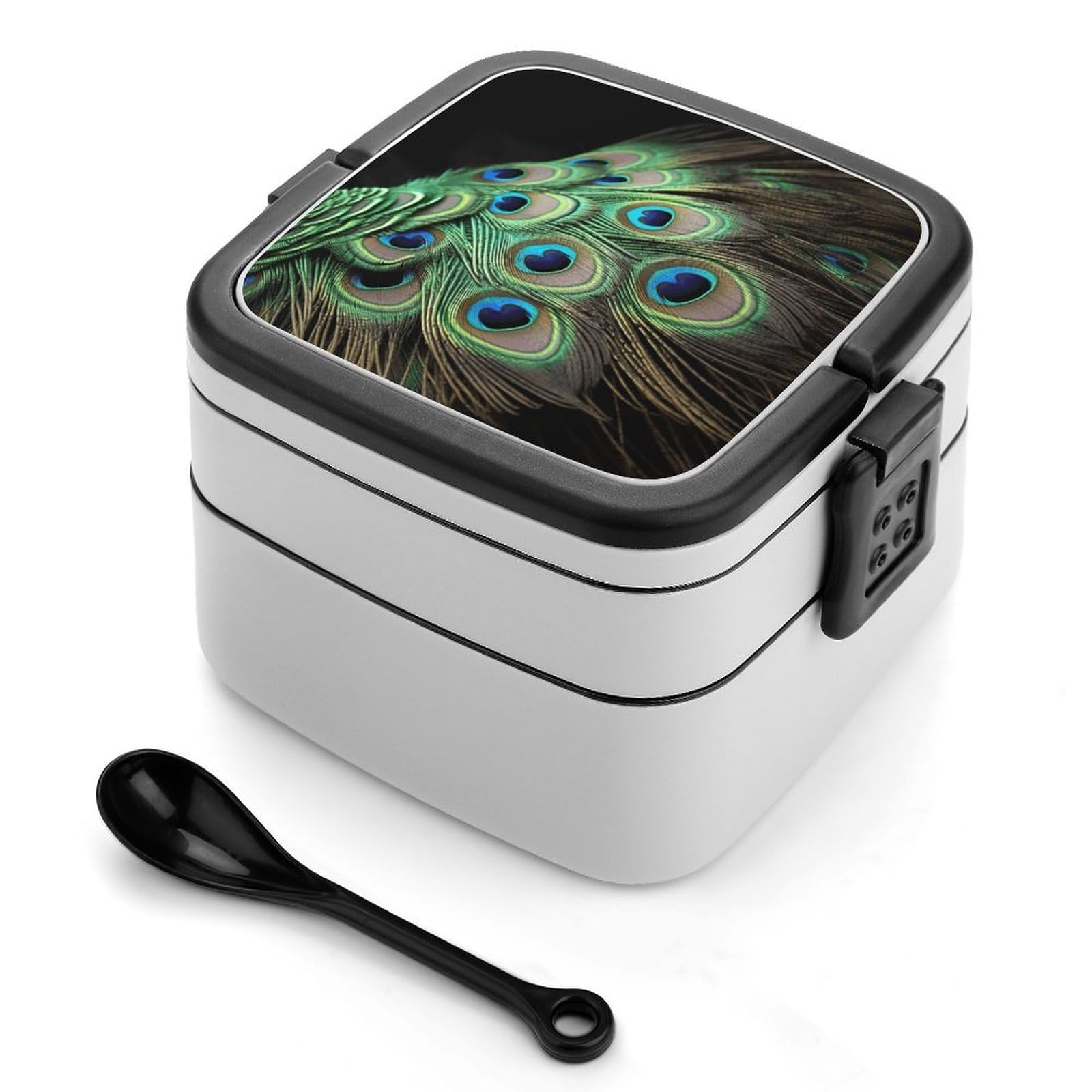 VstaDank Green Peacock Feather Bento Box Portable Adult Lunch Box with 2 Layer&Spoon Reusable Insulated Lunchbox Large Food Containers Leak Proof Lunch Containers for Work Camping Meal Prep