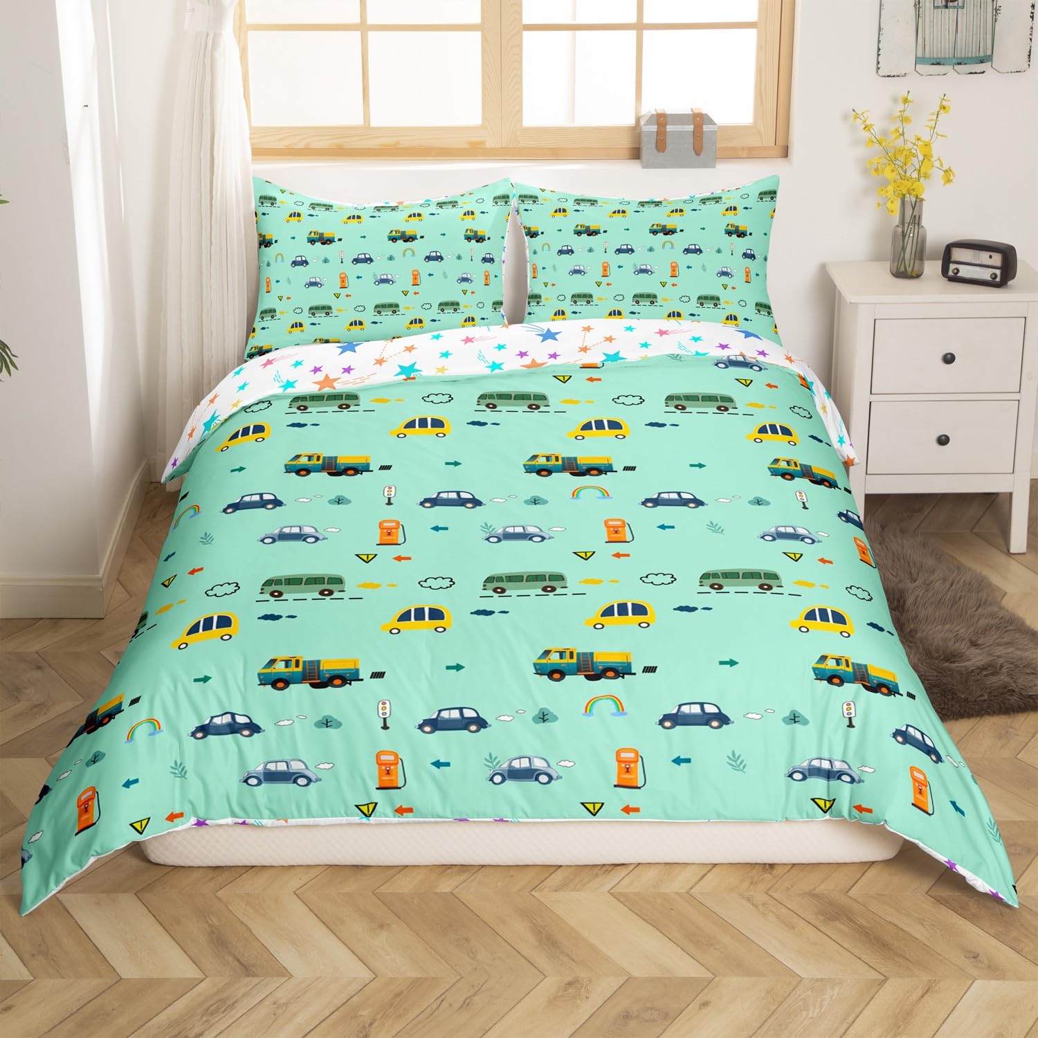 Loussiesd car printed Duvet Cover for two people teenagers cars taxis buses bedding for children boys and girls train trucks printed bedding set green ribbon 2 pillowcases