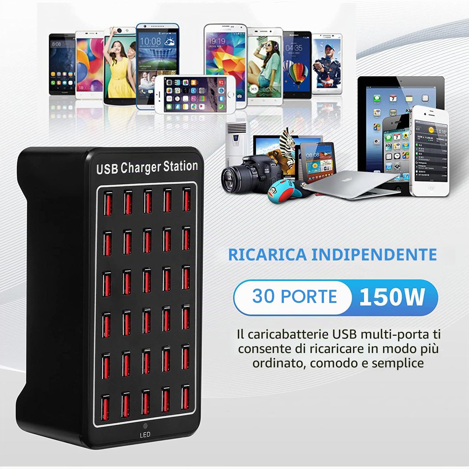 Caricatore USB a 30 Porte,150W/30A Caricatore intelligente USB, Hub di ricarica da tavolo 30 in 1, Della stazione di ricarica a più porte per Samsung/iPhone/iPad/Google Pixel/Tablet ed elettronica USB