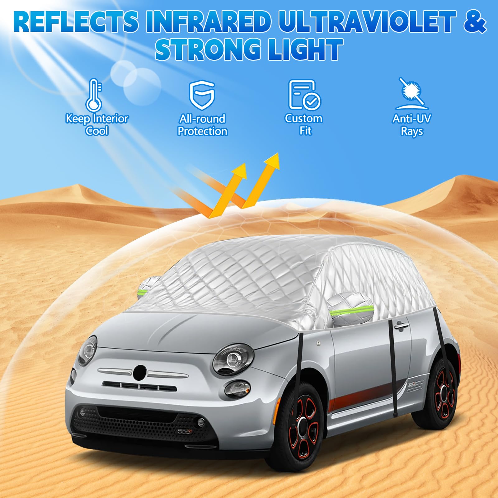 Halbe Autoabdeckung Schrägheck Universalmodell 300X150X49cm, Verdickte Halbgarage Wasserdicht Ersatz für FIAT 500/Abarth 595, für Up/Seat MII, für Picanto/Citroen C1, Anti-Hagel und Anti-Schnee