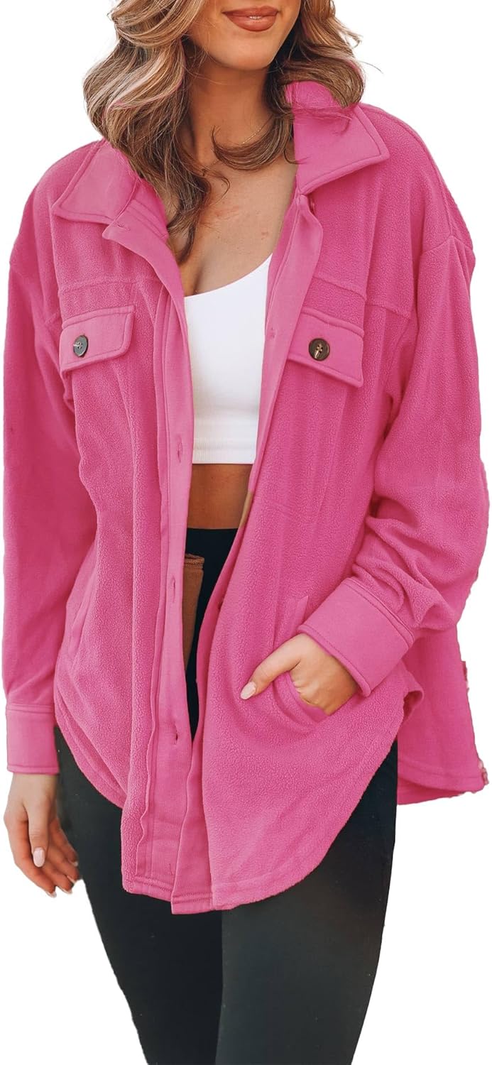 SOMTHRON Women's Fleece Cardigan Long Sleeve Oversized Shacket Sherpa Shirt Jacket Button Down Lapel Collar Blouses Tops