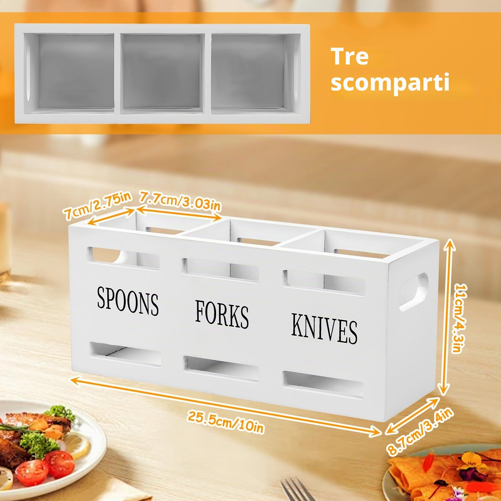 GAESHOW Portautensili da Cucina in Legno a 3 Scomparti, Porta Utensili Da Cucina, Organizer per Utensili, Portautensili per Cucchiaio Forchetta Bacchette, 25,5 X 8,7 X 11 cm (Bianco)