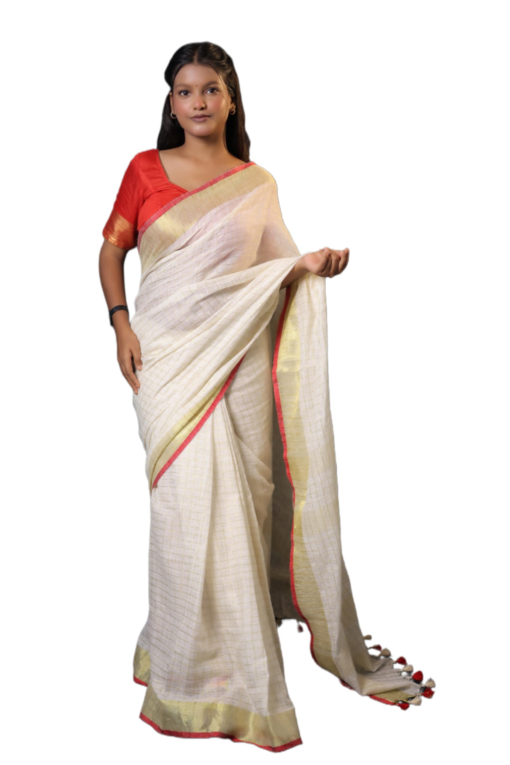 Off White Linen Blend Saree with Golden Checks & Golden Red Zari Border | Contrast Red Blouse Piece | Bhagalpuri Handloom Woven Traditional Festive Ethnic Saree for Women-image-16
