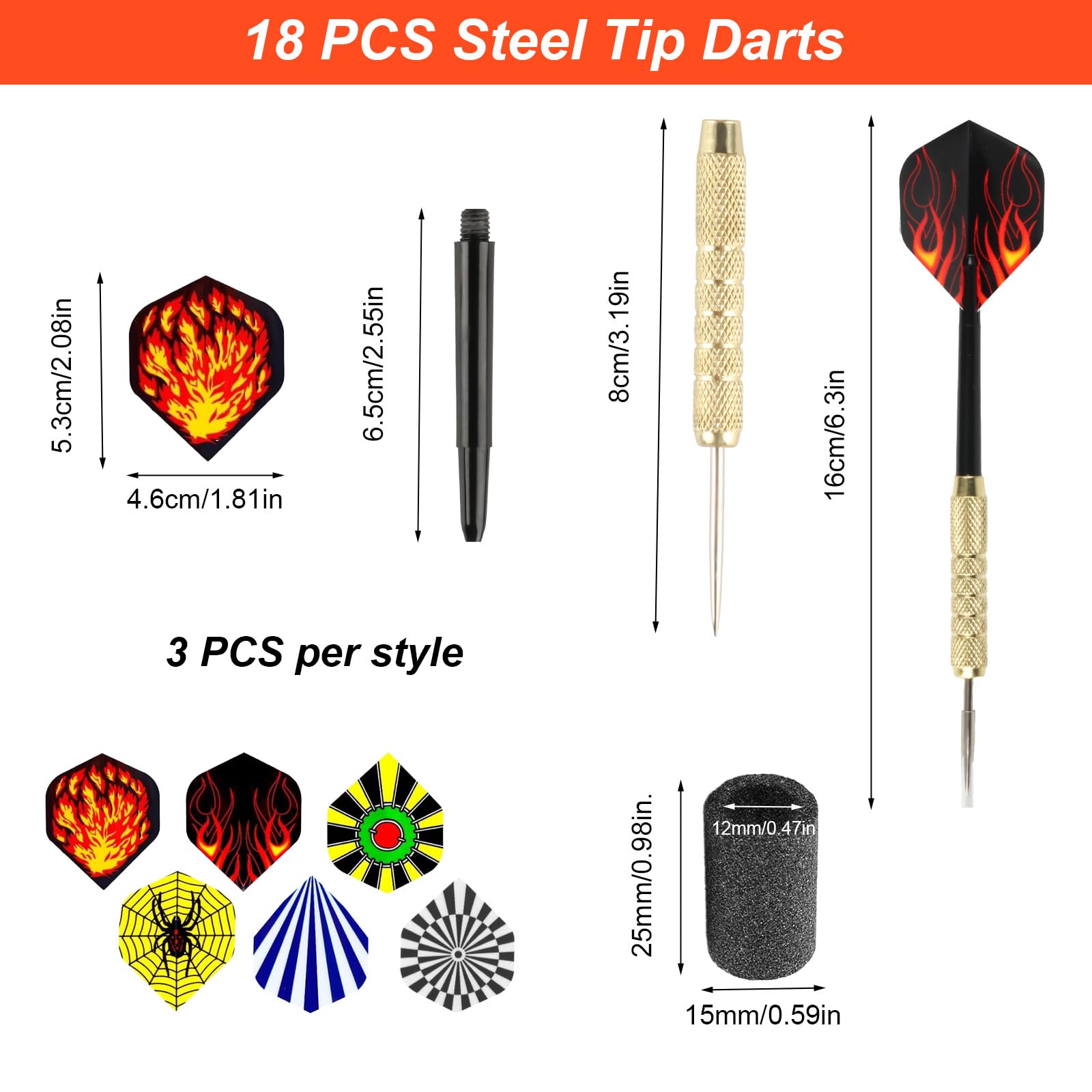18 Piezas Dardos con Punta de Metal, Punta Acero Darts, Juego de Dardos con Caña y Plumas, para Principiantes y Aficionados, Incluye Piedra para afilar Dardos y Funda para Dardos — view 2