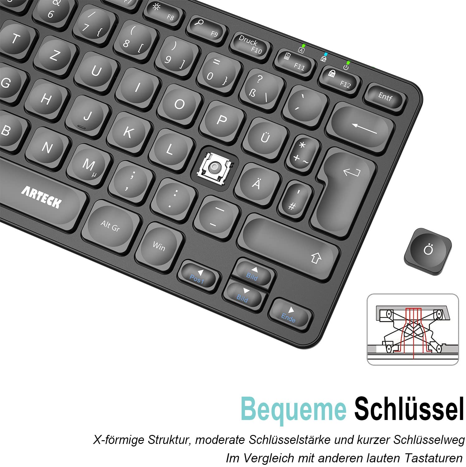 Arteck Kabellose Tastatur, Deutsches QWERTZ Layout wiederaufladbare USB Anschluss 2,4 GHz Kabellos Tastatur mit Multimedia-Tasten, Kompatibel mit PC, Computer, Notebook, Laptop, Windows 11, 10, 8