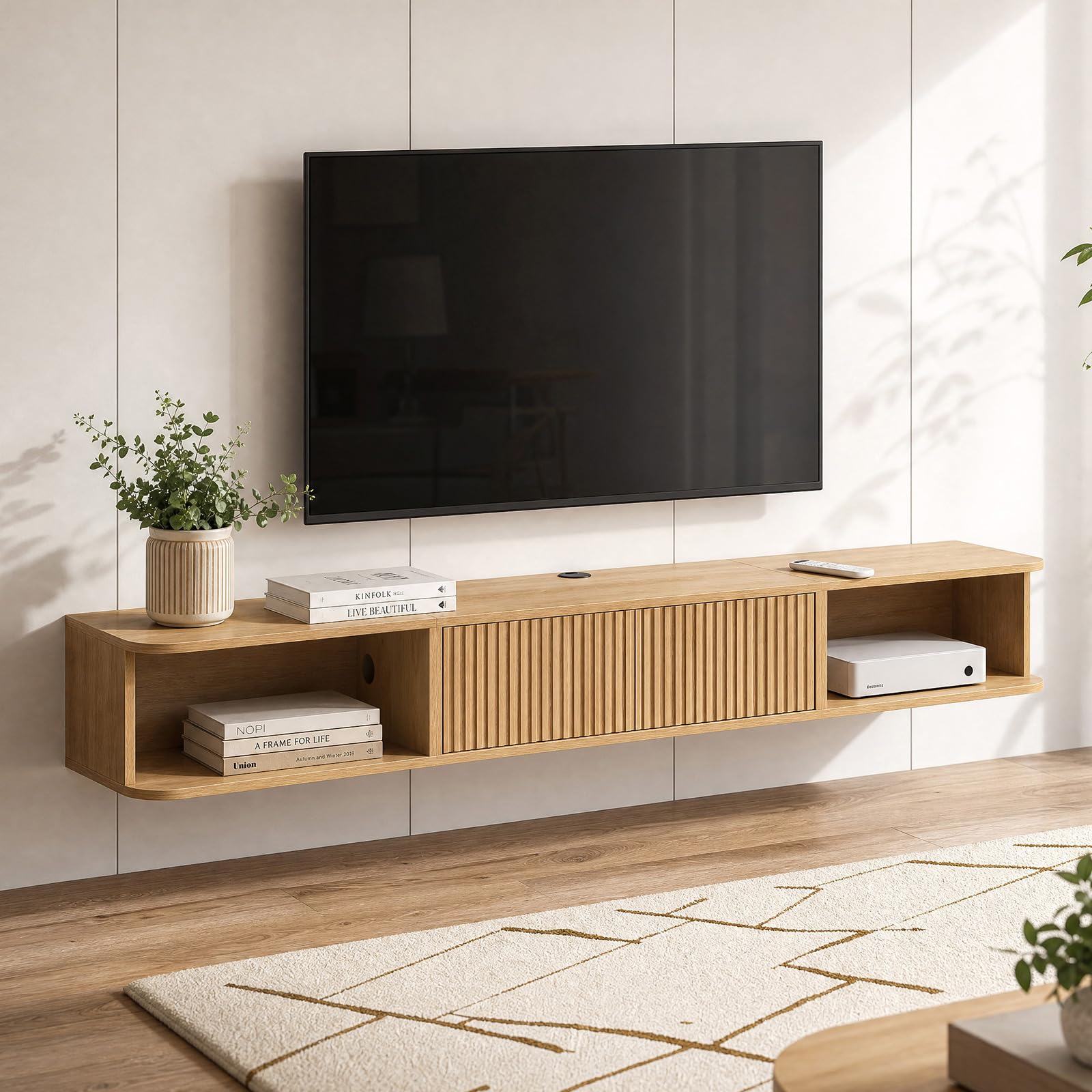Yvsevnr Floating TV Stand Wood TV Unit Entertainment Media Wall Center