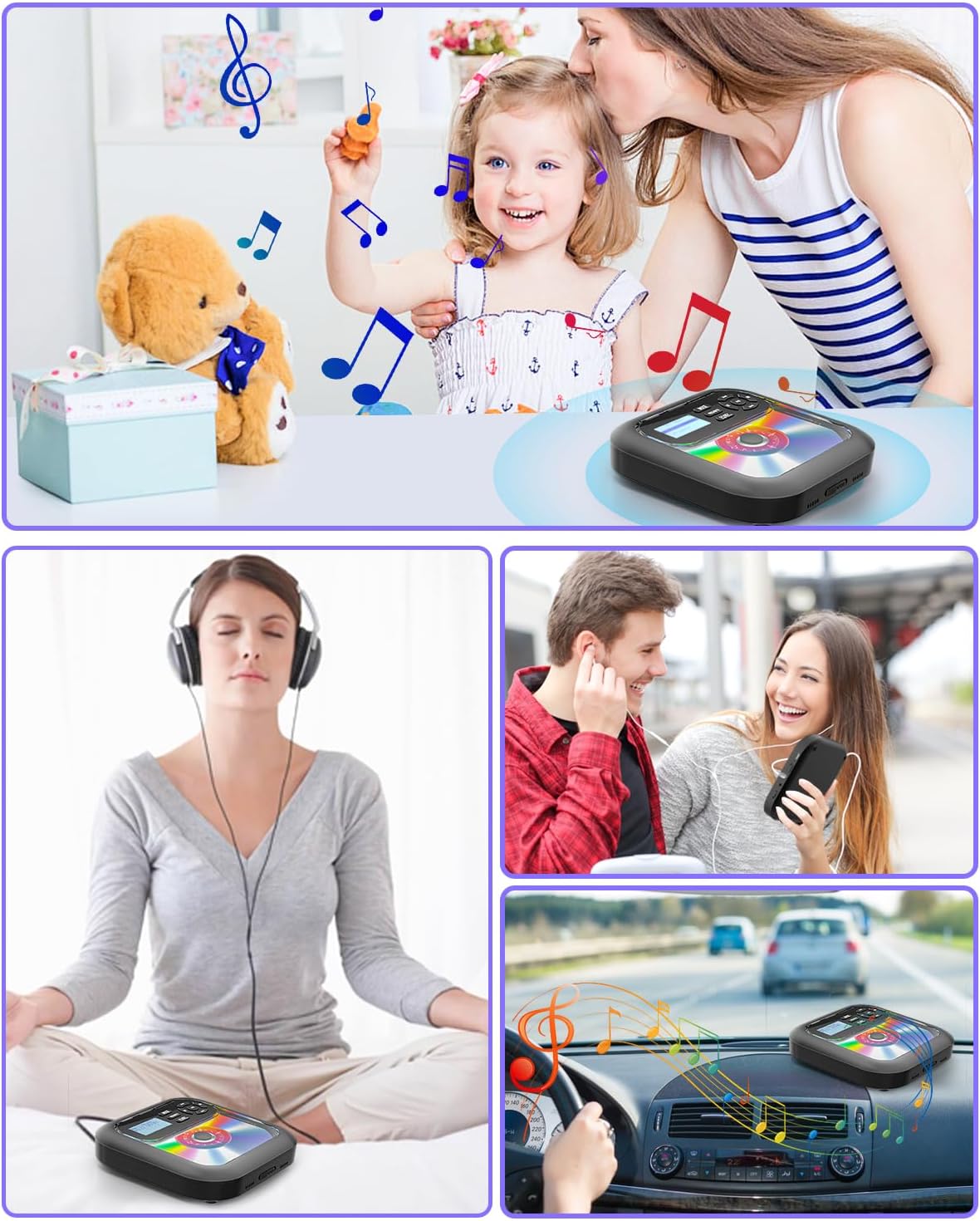 Portable-CD-Player with Bluetooth - Rechargeable with FM Transmitter, Dual Speakers, Headphones and AUX Use for Car Travel Home