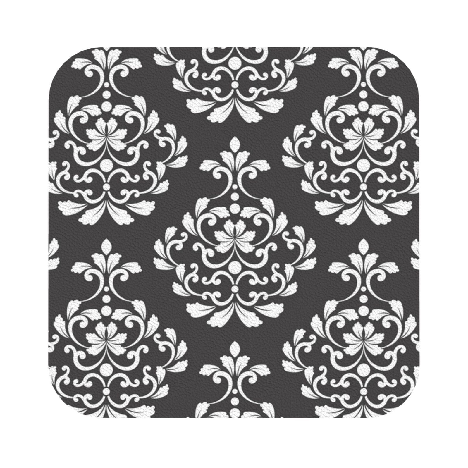 Damask Pattern PU Leather Coasters Set of 6 Square Drink Coasters