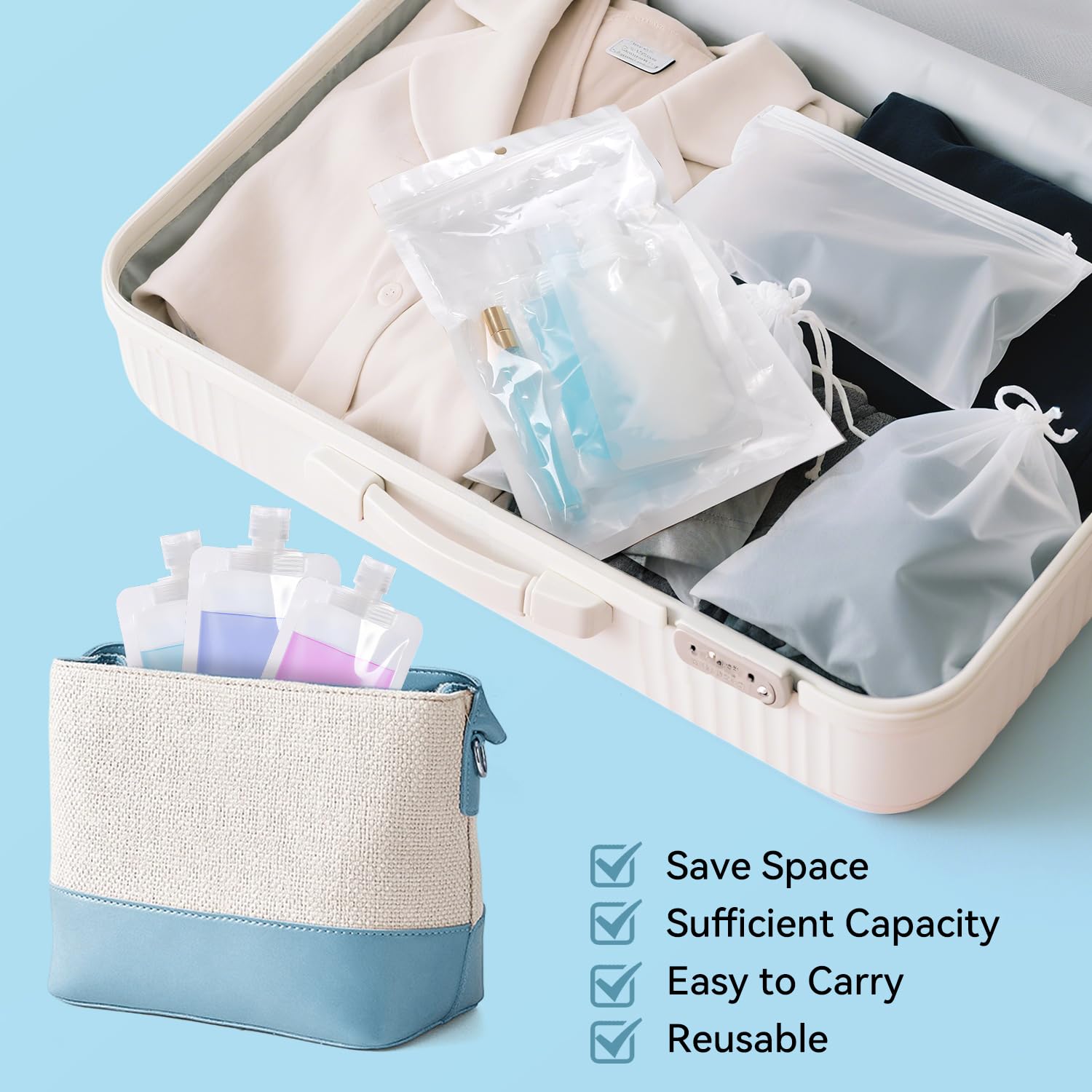 7 x Reisebeutel für Toilettenartikel, 100 ml, flüssiges Make-up, Packtasche, quetschbar, nachfüllbar, transparent, auslaufsicher, PET-Kunststoff, Quetschbeutel, Glas, Parfümflasche