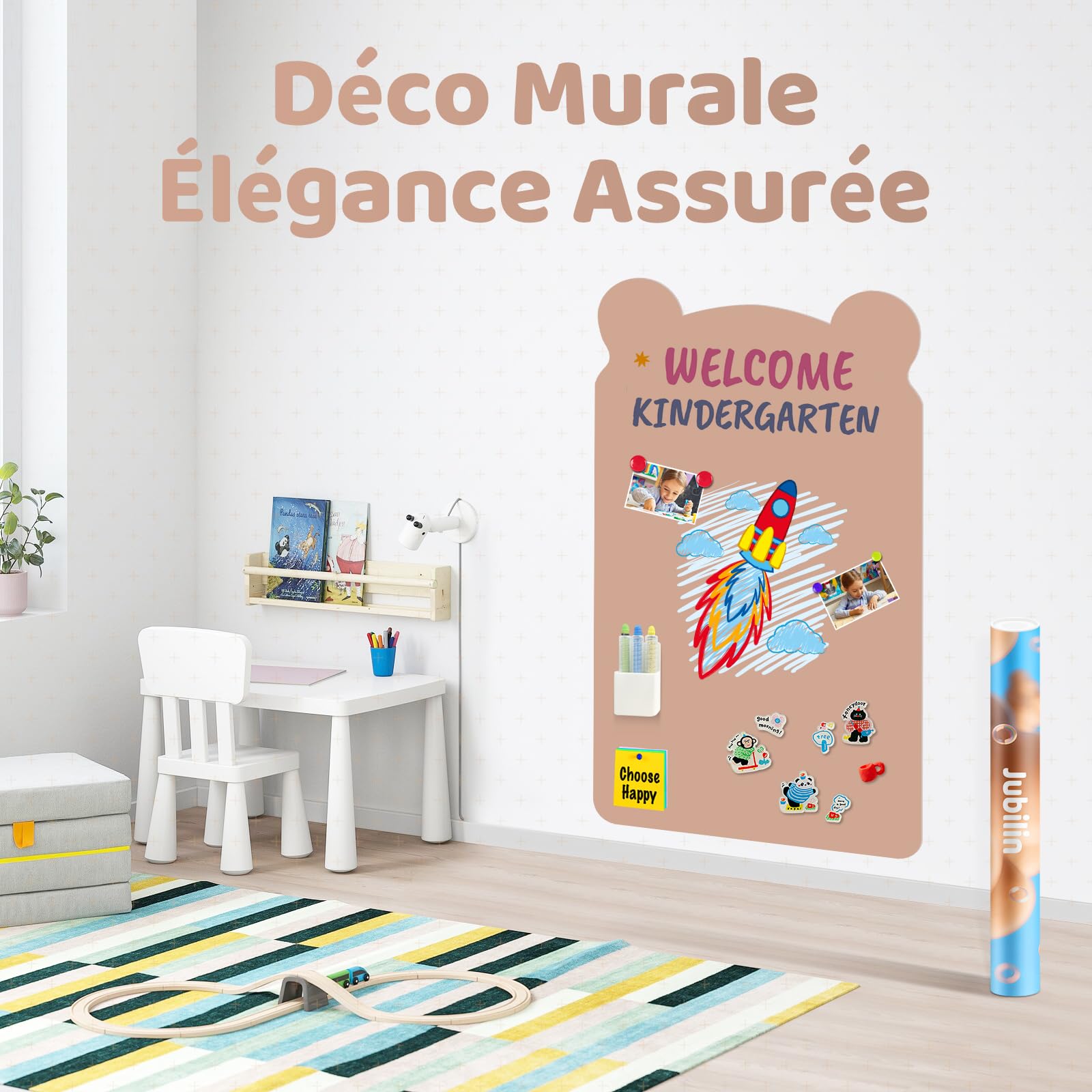 Tableau magnétique - 120 x 60 cm - Motif petit ours - 12 stylos à craie, 1 chiffon de nettoyage, 6 supports à craie, 1 boîte de rangement, 1 ruban adhésif, tableau à dessin magnétique (marron)