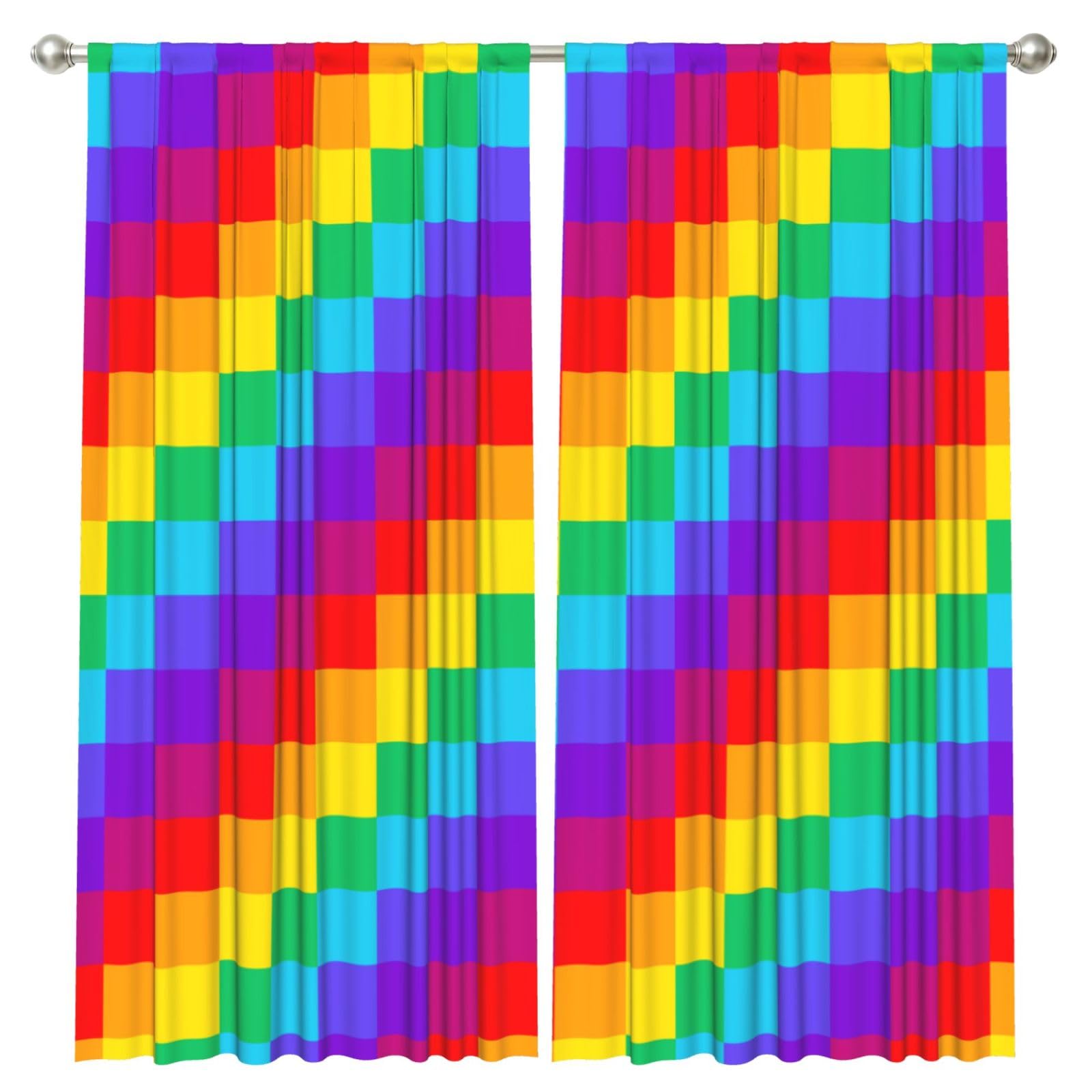 InOmak Rainbow Plaid Pattern, 2 Panels Window Curtains 52 x 84 Inch Blackout Curtains for Living Room Bedroom