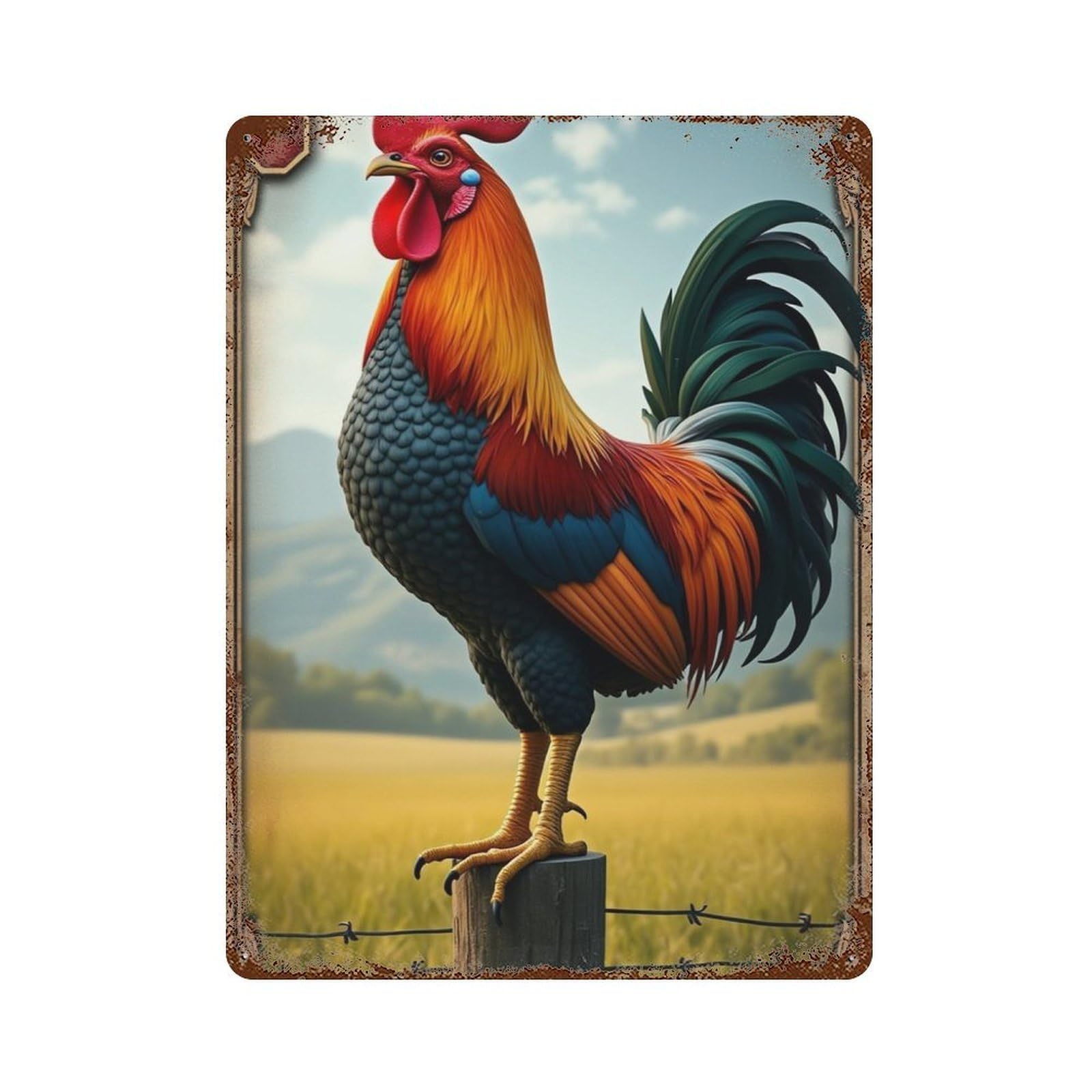 Garage Style Colorful Rooster Farm Scene Vintage Metal Tin Sign 15.7"x11.8", Industrial Home Decor for Bar And Workshop