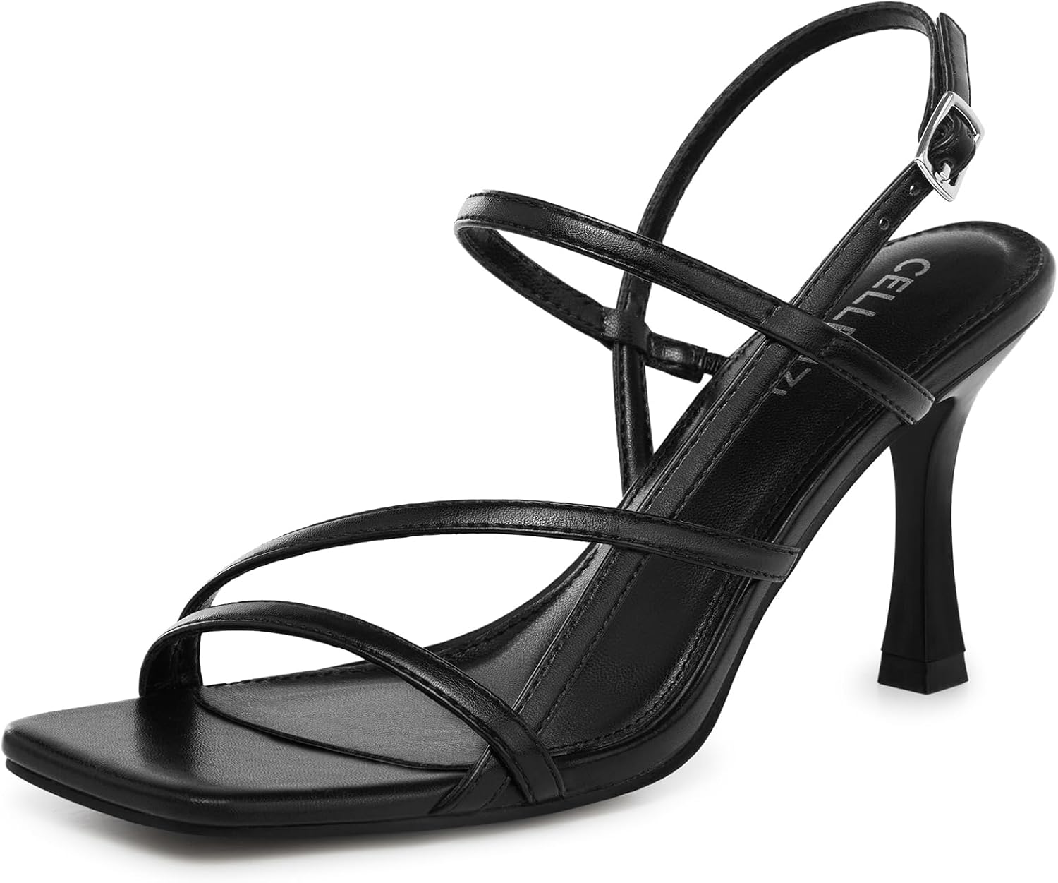 Women Strappy High Heels: Square Open Toe Slingback Sandals, Dressy Sexy Comfortable Kitten Heeled, Prom Party Wedding Black White Gold Nude